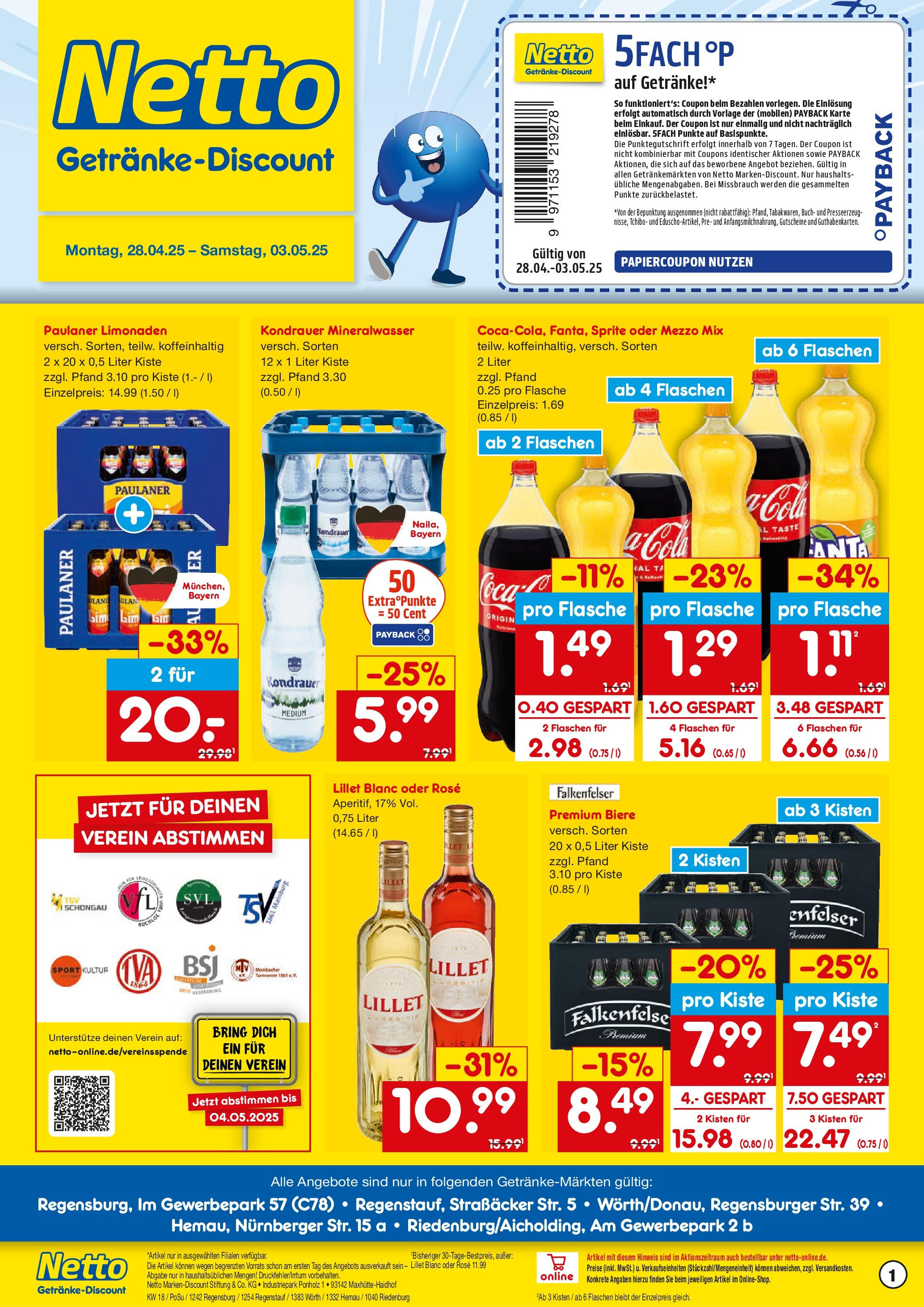 Netto Marken-Discount - Netto: Getränkeangebote (ab 27.04.2025) » Angebote | Seite: 1 | Produkte: Mezzo mix, Cola, Mineralwasser, Paulaner