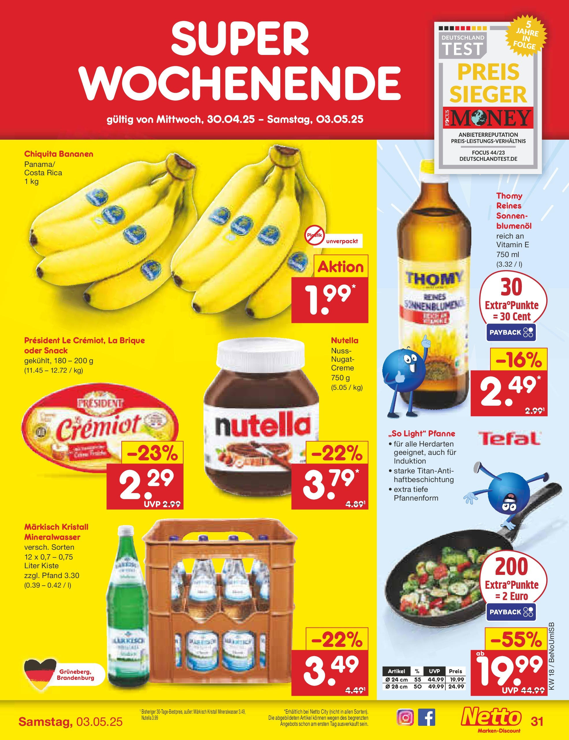 Netto Marken-Discount - Netto: Wochenangebote (ab 27.04.2025) » Angebote | Seite: 31 | Produkte: Bananen, Mineralwasser, Creme, Nutella