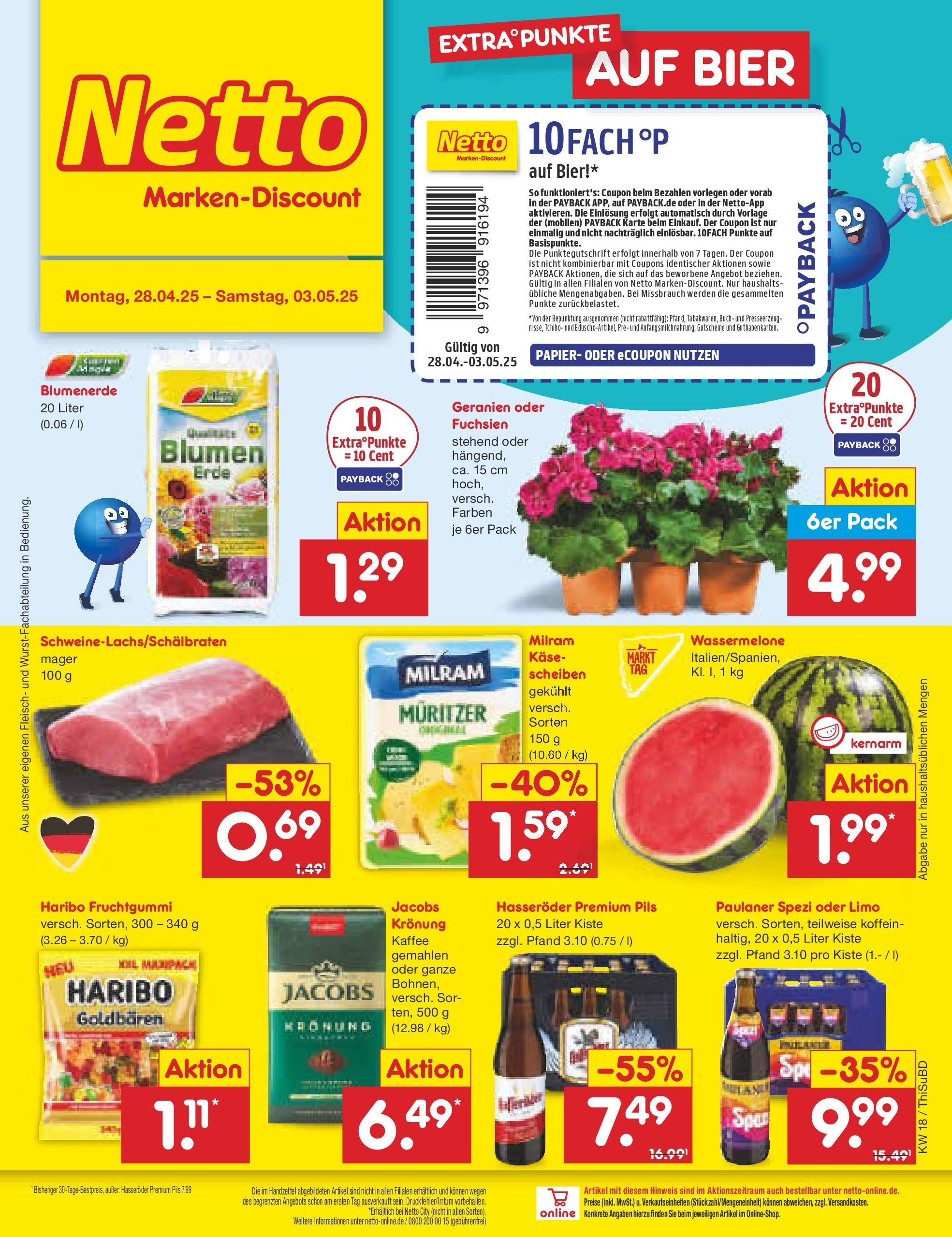 Netto Marken-Discount - Netto: Wochenangebote (ab 27.04.2025) » Angebote | Seite: 1 | Produkte: Paulaner spezi, Blumenerde, Wassermelone, Fleisch