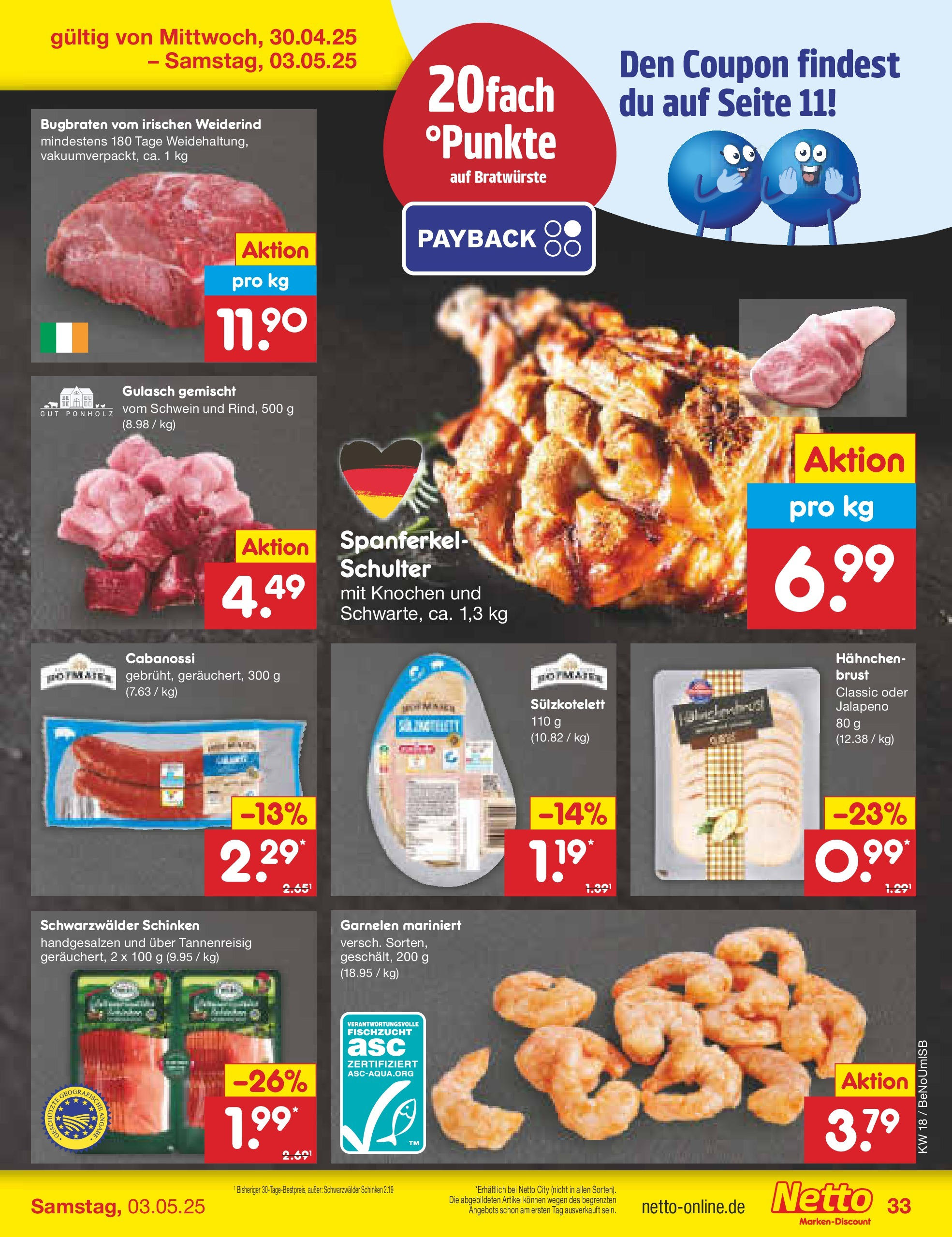 Netto Marken-Discount - Netto: Wochenangebote (ab 27.04.2025) » Angebote | Seite: 33 | Produkte: Garnelen, Gulasch, Schinken, Hahnchenbrust