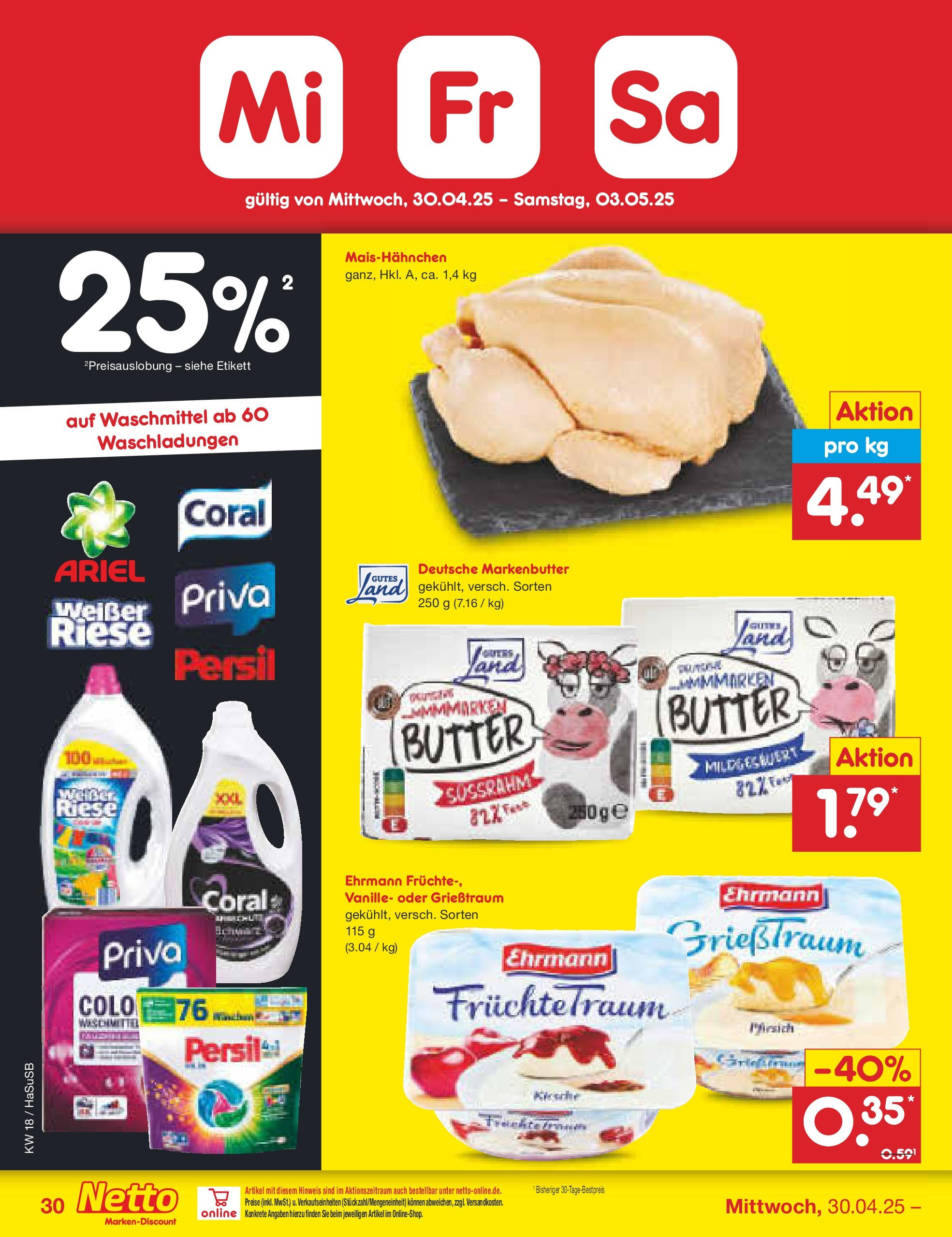 Netto Marken-Discount - Netto: Wochenangebote (ab 27.04.2025) » Angebote | Seite: 30 | Produkte: Butter, Coral, Waschmittel, Pfirsich