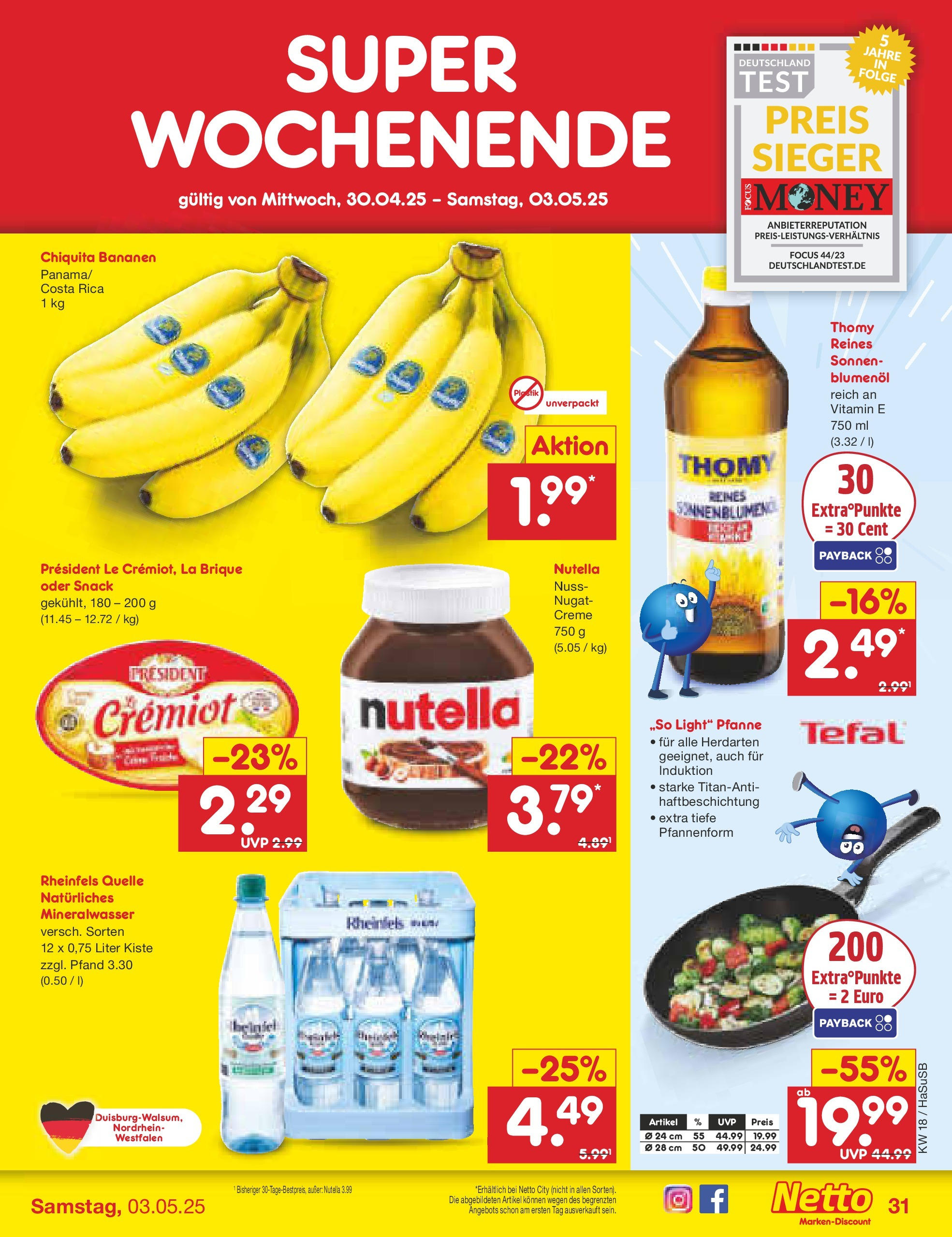 Netto Marken-Discount - Netto: Wochenangebote (ab 27.04.2025) » Angebote | Seite: 31 | Produkte: Bananen, Mineralwasser, Nutella, Rheinfels quelle