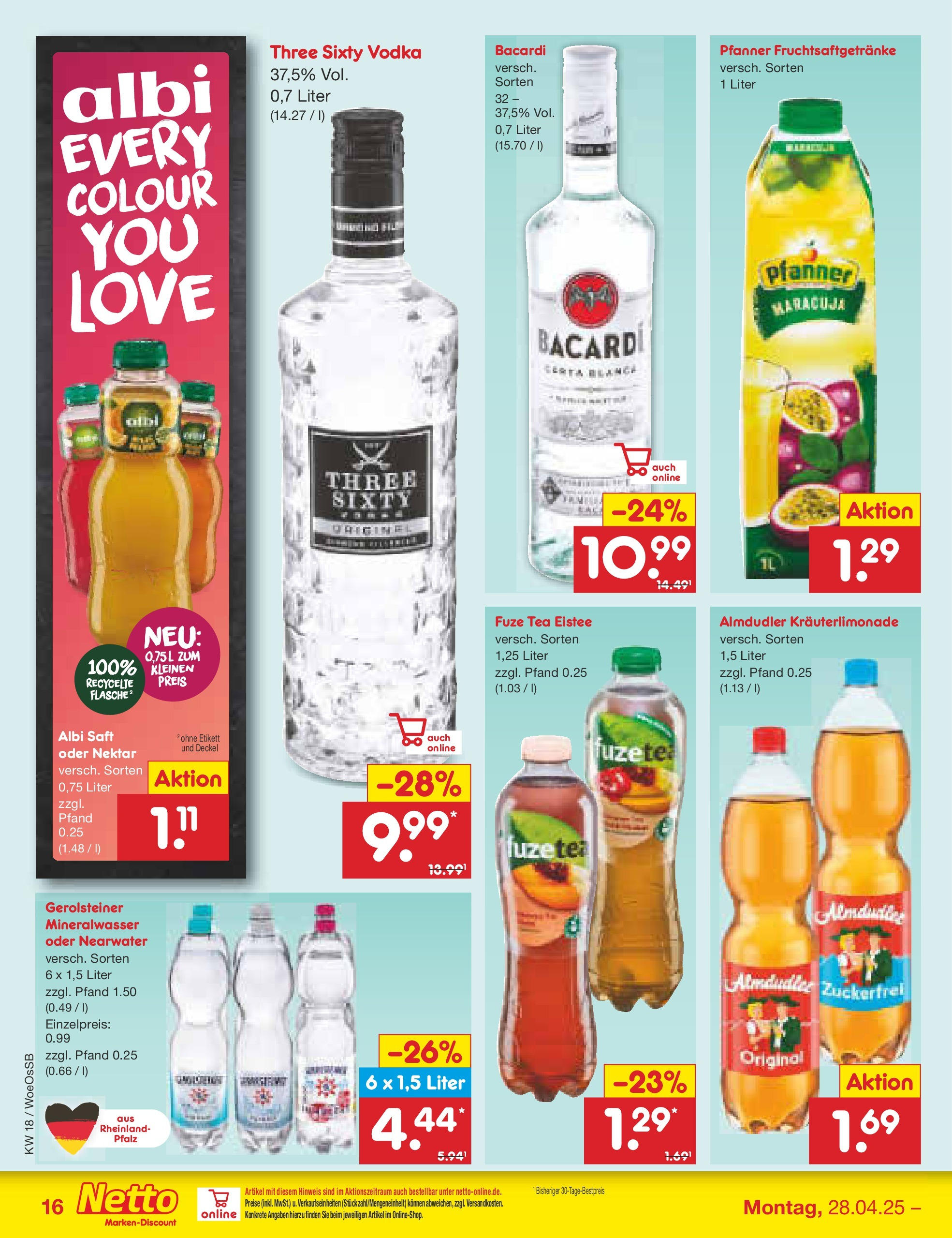 Netto Marken-Discount - Netto: Wochenangebote (ab 27.04.2025) » Angebote | Seite: 16 | Produkte: Fuze tea, Saft, Vodka, Gerolsteiner