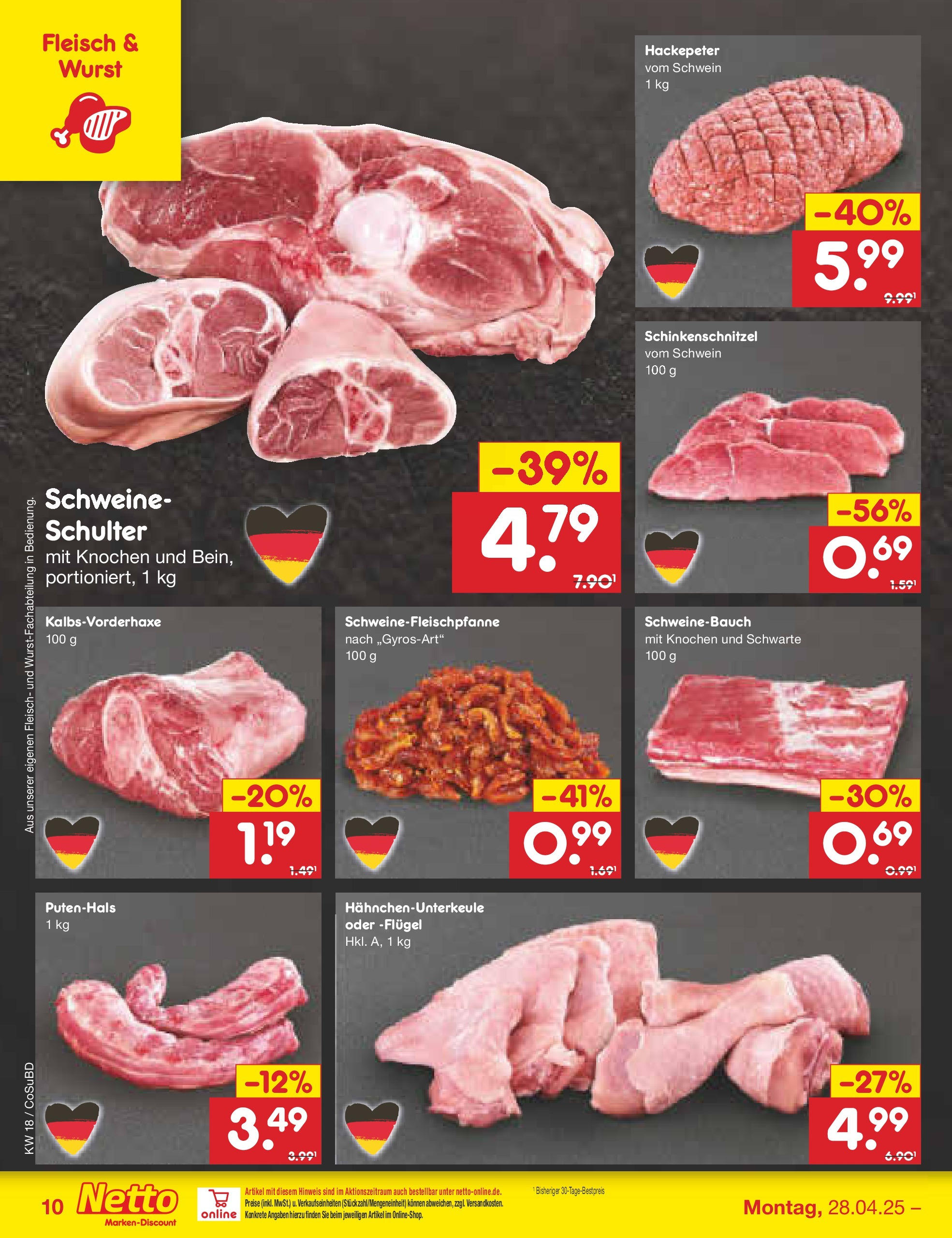 Netto Marken-Discount - Netto: Wochenangebote (ab 27.04.2025) » Angebote | Seite: 10 | Produkte: Schweinebauch, Wurst, Fleisch