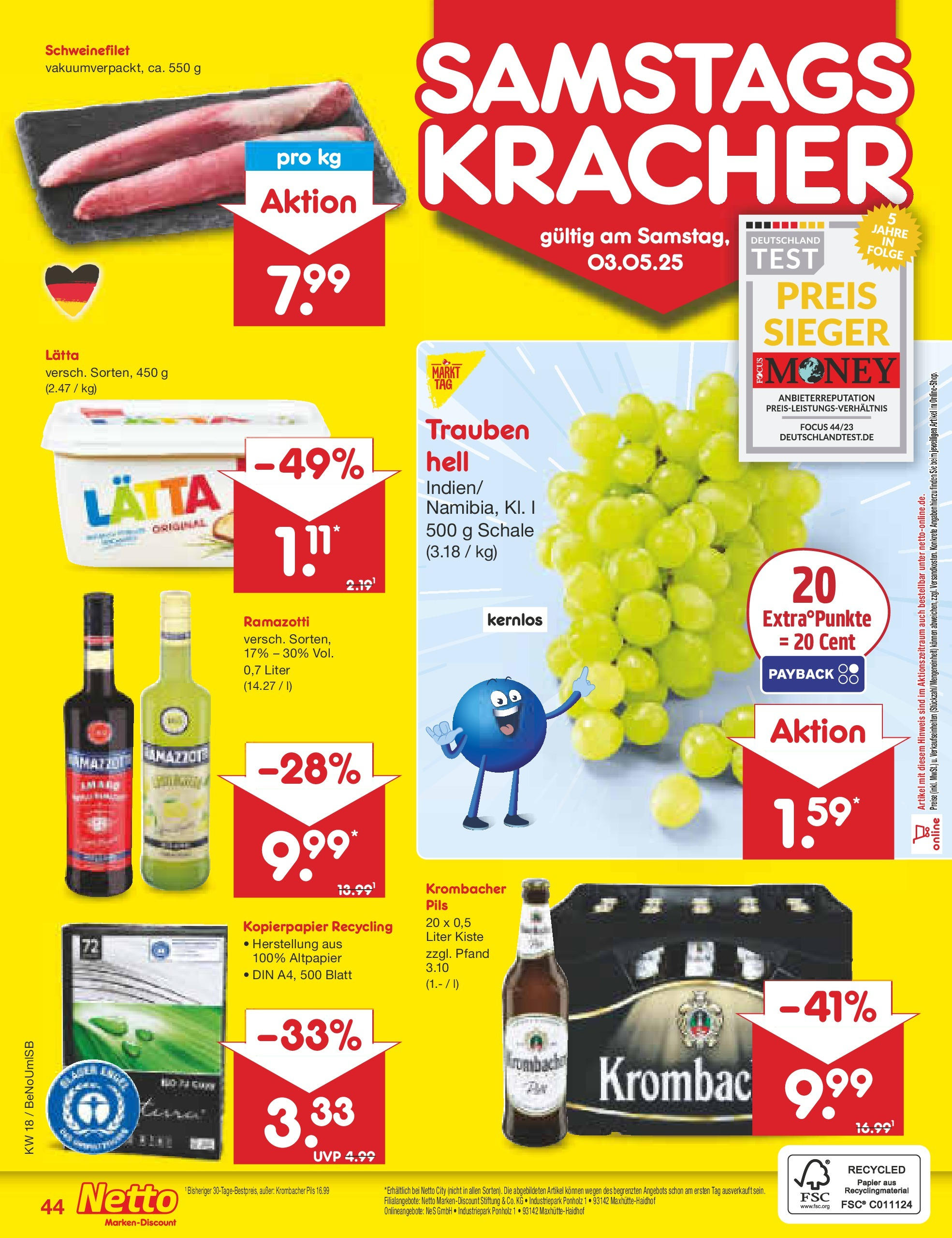 Netto Marken-Discount - Netto: Wochenangebote (ab 27.04.2025) » Angebote | Seite: 44 | Produkte: Trauben, Pils, Schweinefilet, Lätta