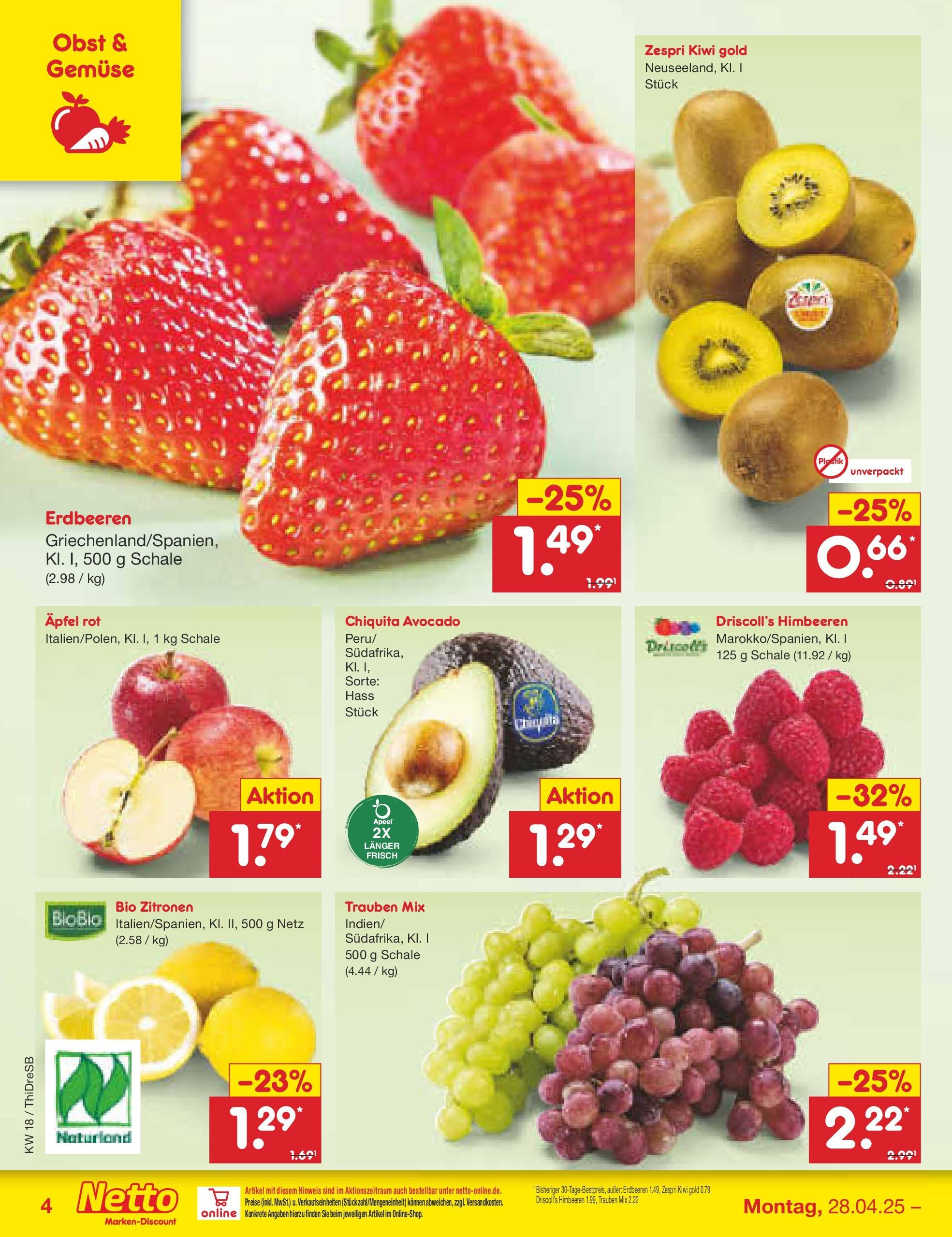 Netto Marken-Discount - Netto: Wochenangebote (ab 27.04.2025) » Angebote | Seite: 4 | Produkte: Himbeeren, Trauben, Kiwi, Zitronen Netto Marken-Discount - Netto: Wochenangebote (ab 27.04.2025) » Angebote | Seite: 4 | Produkte: Himbeeren, Trauben, Kiwi, Zitronen