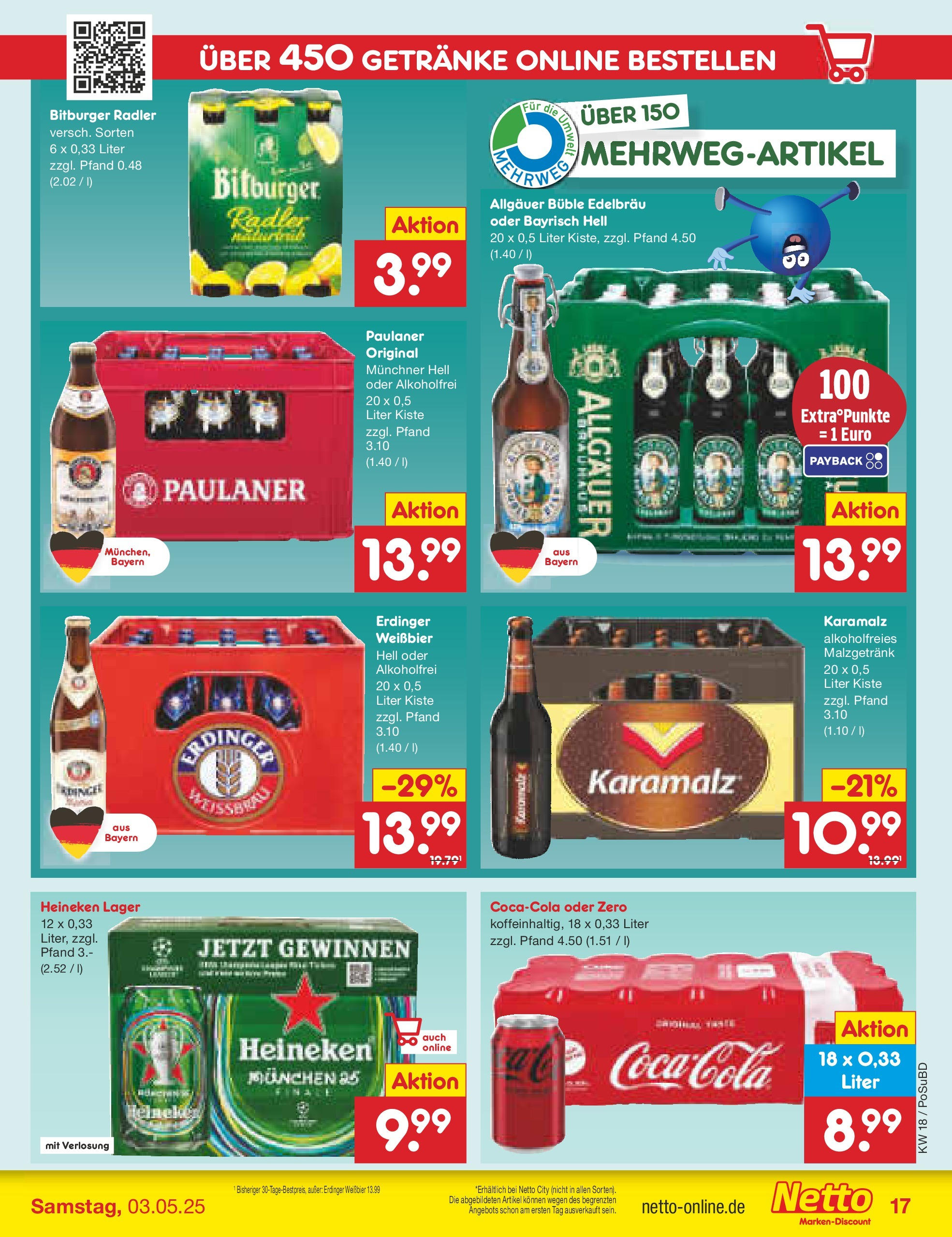 Netto Marken-Discount - Netto: Wochenangebote (ab 27.04.2025) » Angebote | Seite: 17 | Produkte: Erdinger, Cola, Heineken, Paulaner