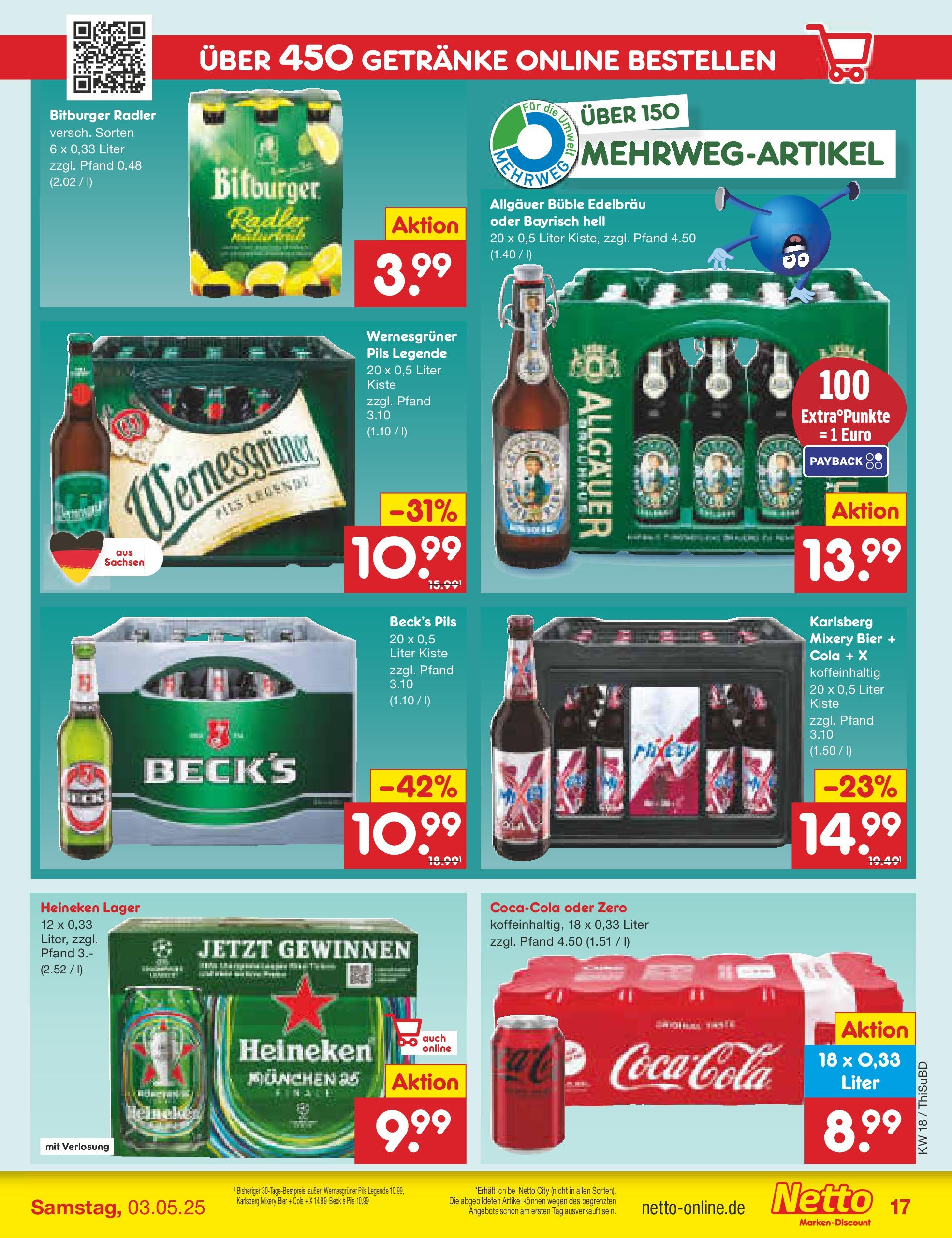 Netto Marken-Discount - Netto: Wochenangebote (ab 27.04.2025) » Angebote | Seite: 17 | Produkte: Cola, Wernesgruner, Heineken, Radler