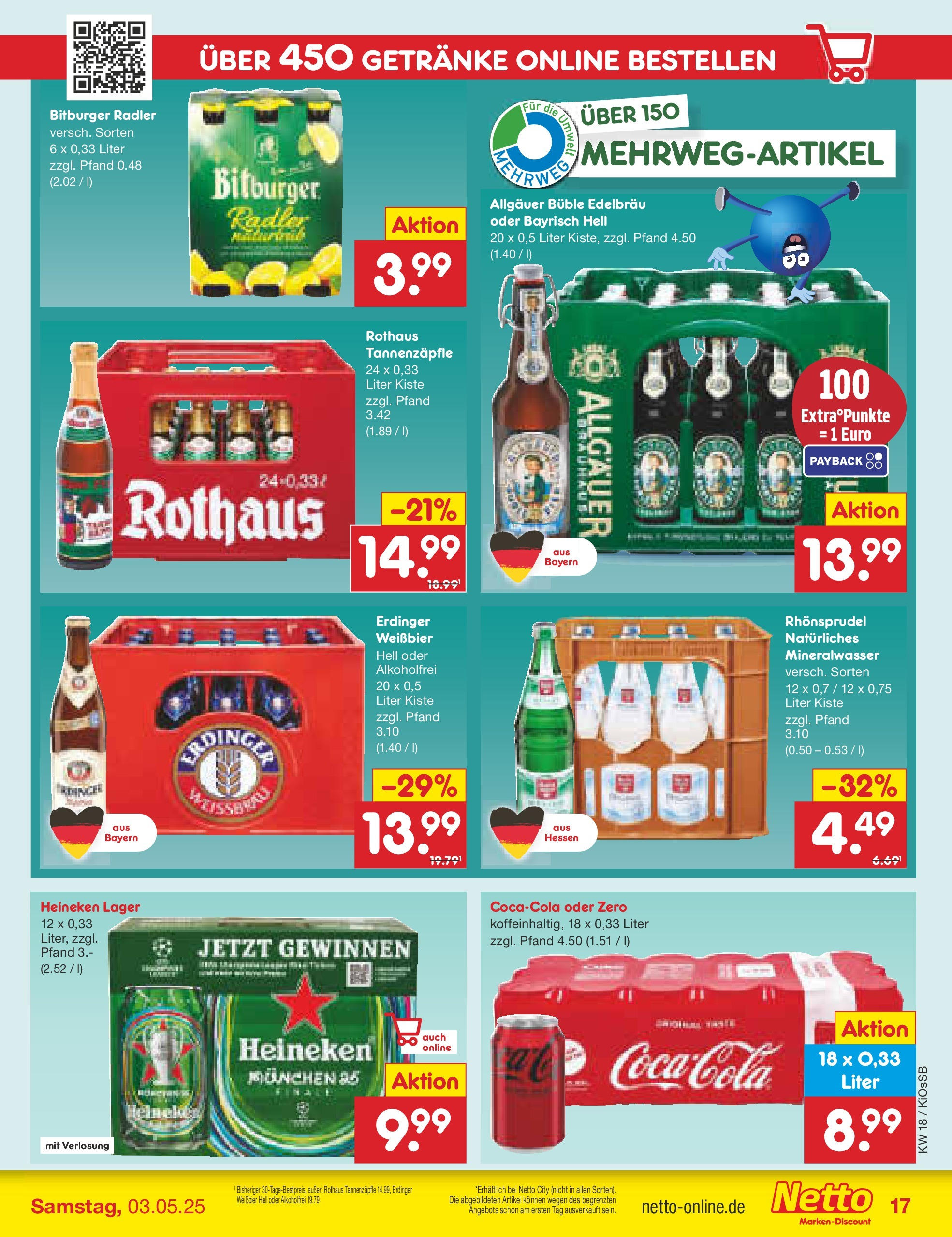 Netto Marken-Discount - Netto: Wochenangebote (ab 27.04.2025) » Angebote | Seite: 17 | Produkte: Coca cola, Mineralwasser, Heineken, Radler Netto Marken-Discount - Netto: Wochenangebote (ab 27.04.2025) » Angebote | Seite: 17 | Produkte: Coca cola, Mineralwasser, Heineken, Radler
