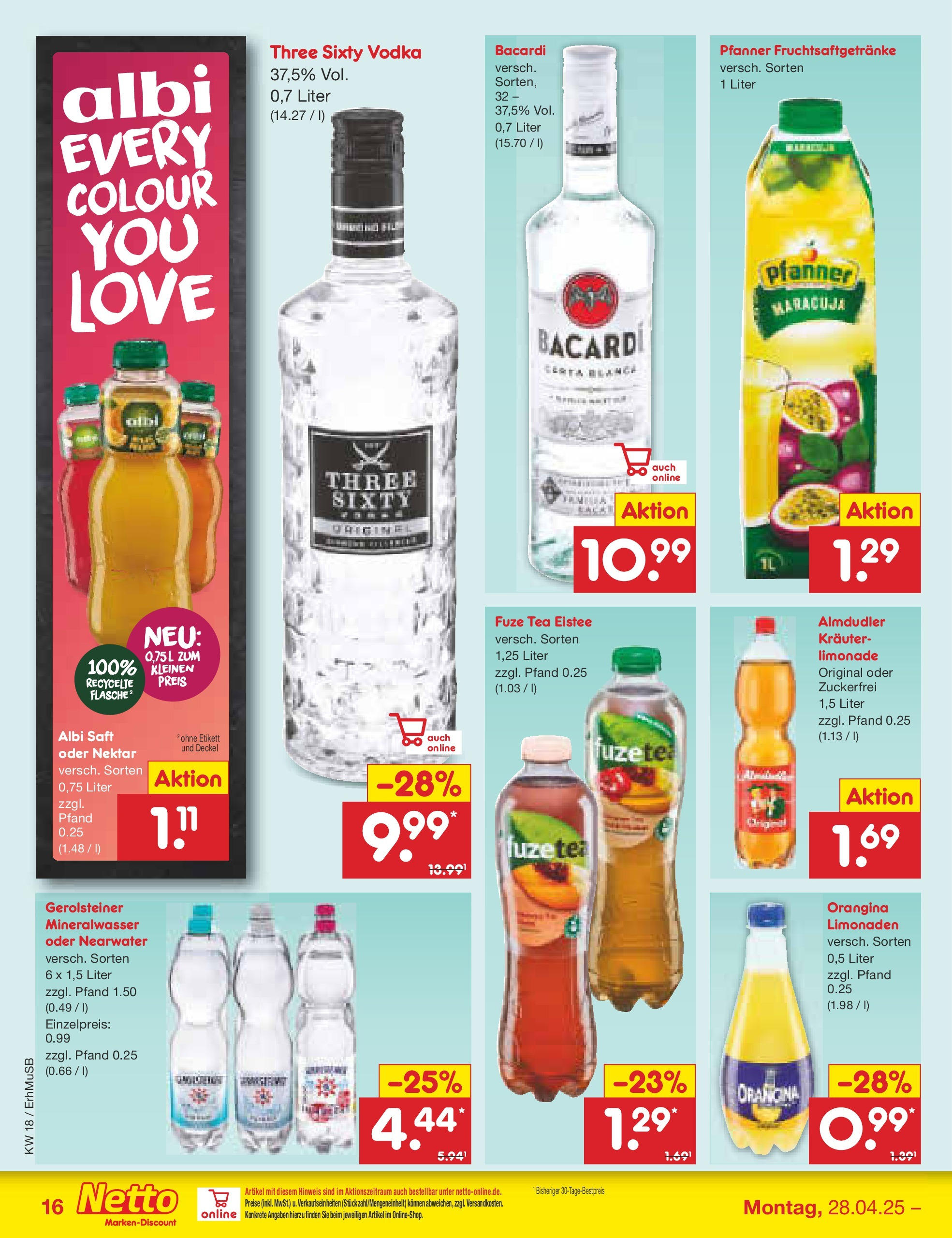 Netto Marken-Discount - Netto: Wochenangebote (ab 27.04.2025) » Angebote | Seite: 16 | Produkte: Bacardi, Fuze tea, Limonade, Mineralwasser