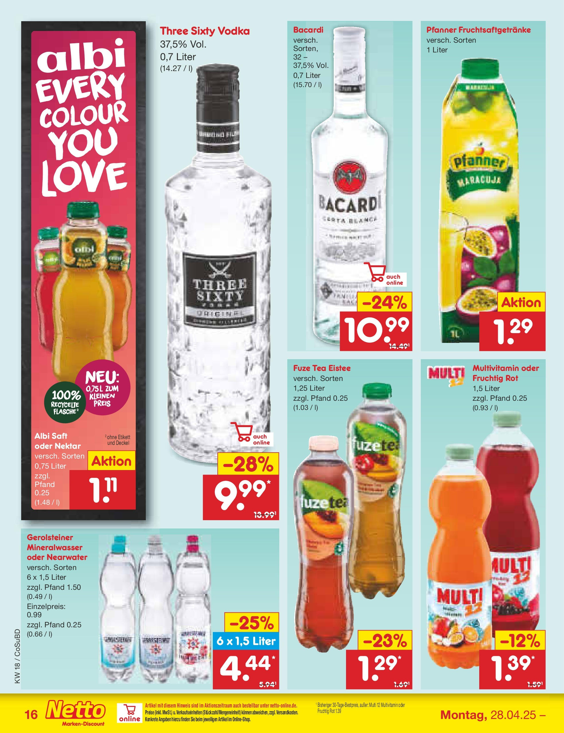 Netto Marken-Discount - Netto: Wochenangebote (ab 27.04.2025) » Angebote | Seite: 16 | Produkte: Fuze tea, Saft, Vodka, Gerolsteiner