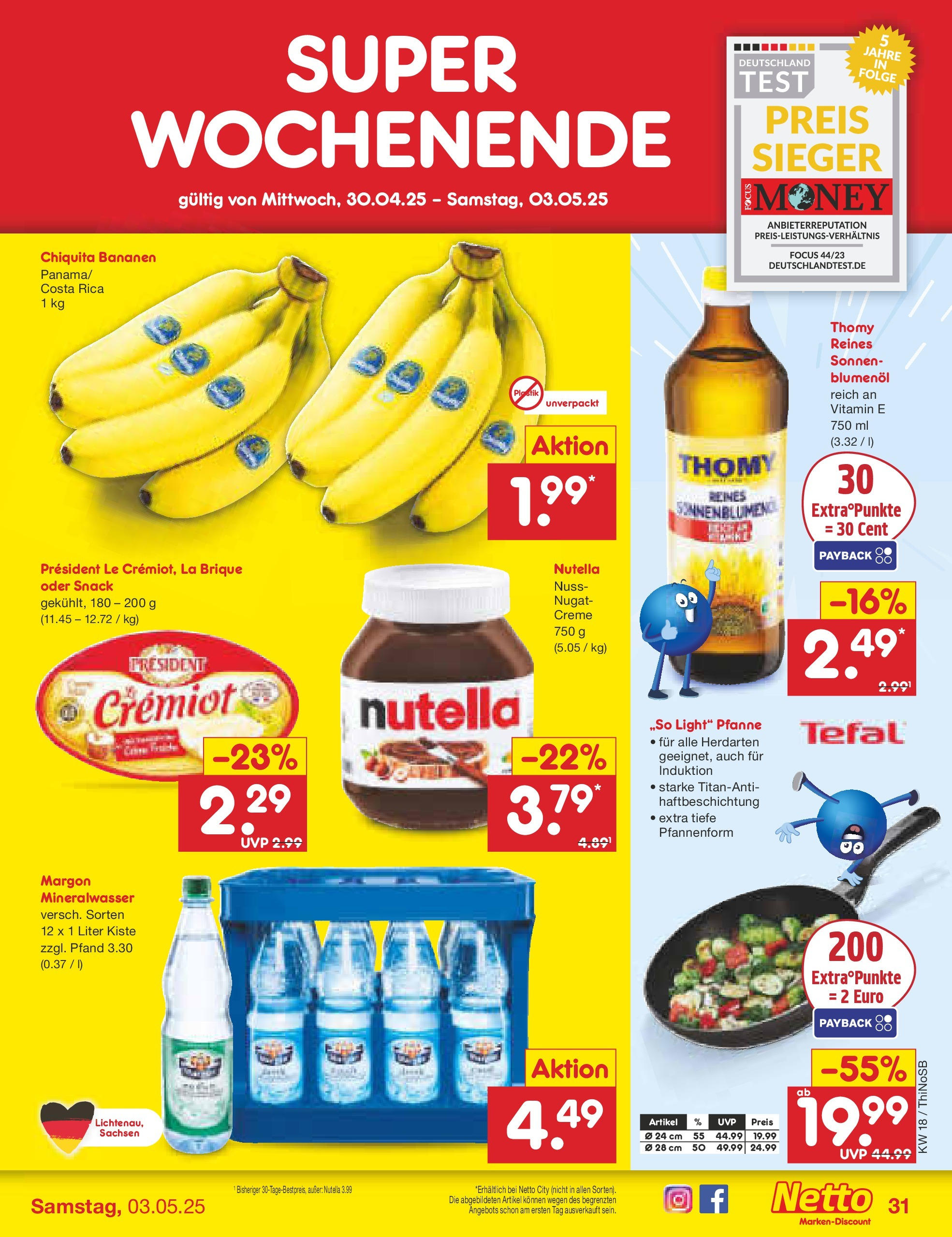 Netto Marken-Discount - Netto: Wochenangebote (ab 27.04.2025) » Angebote | Seite: 31 | Produkte: Bananen, Mineralwasser, Creme, Nutella