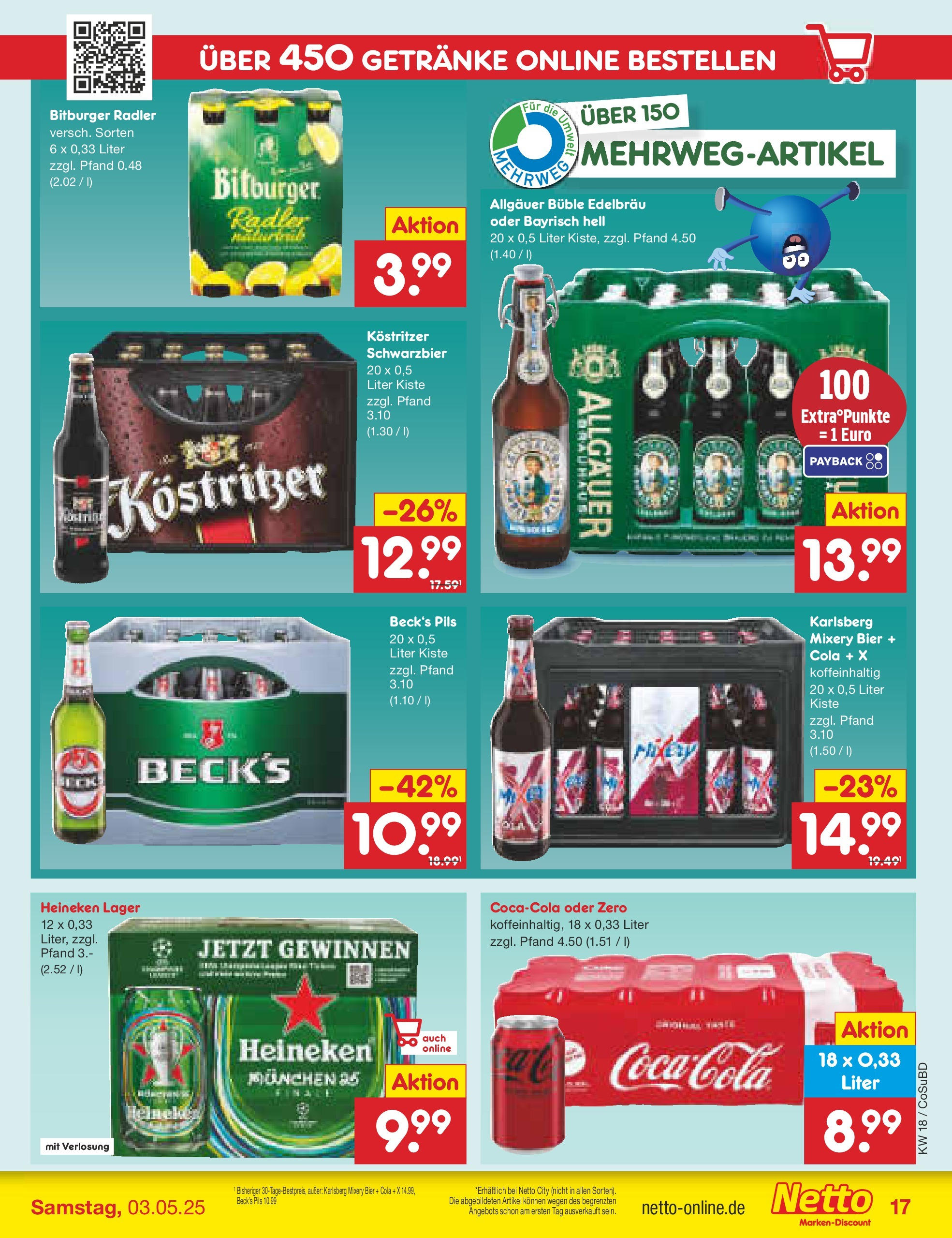 Netto Marken-Discount - Netto: Wochenangebote (ab 27.04.2025) » Angebote | Seite: 17 | Produkte: Cola, Pils, Heineken, Radler