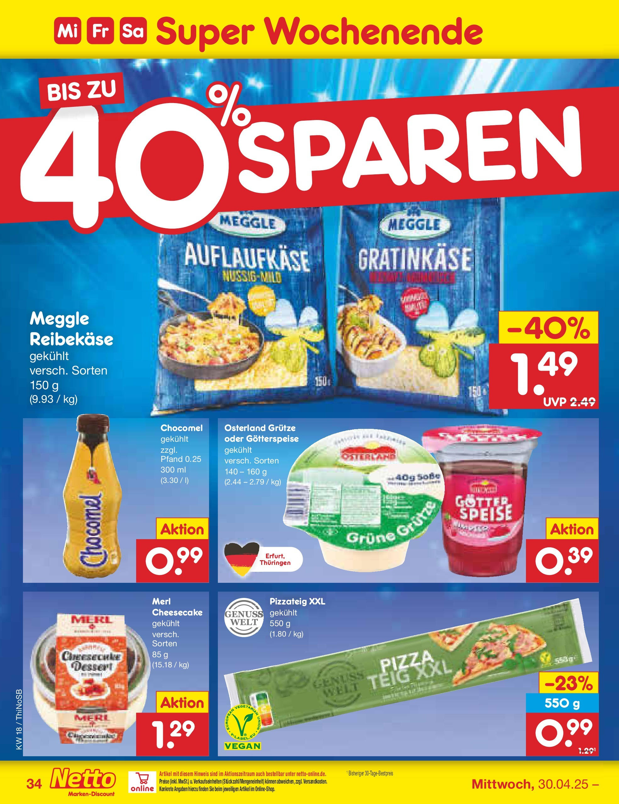 Netto Marken-Discount - Netto: Wochenangebote (ab 27.04.2025) » Angebote | Seite: 34 | Produkte: Chocomel, Pizza, Reibekase