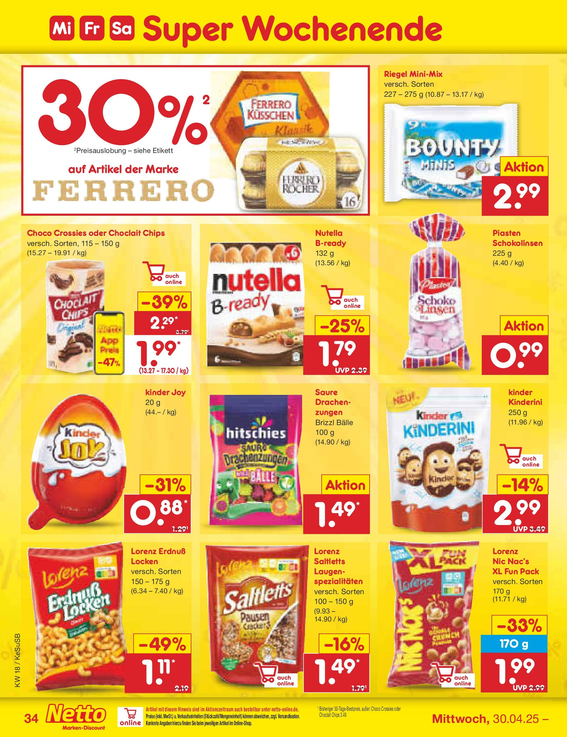 Netto Marken-Discount - Netto: Wochenangebote (ab 27.04.2025) » Angebote | Seite: 34 | Produkte: Ferrero rocher, Kinder joy, Nutella, Chips Netto Marken-Discount - Netto: Wochenangebote (ab 27.04.2025) » Angebote | Seite: 34 | Produkte: Ferrero rocher, Kinder joy, Nutella, Chips