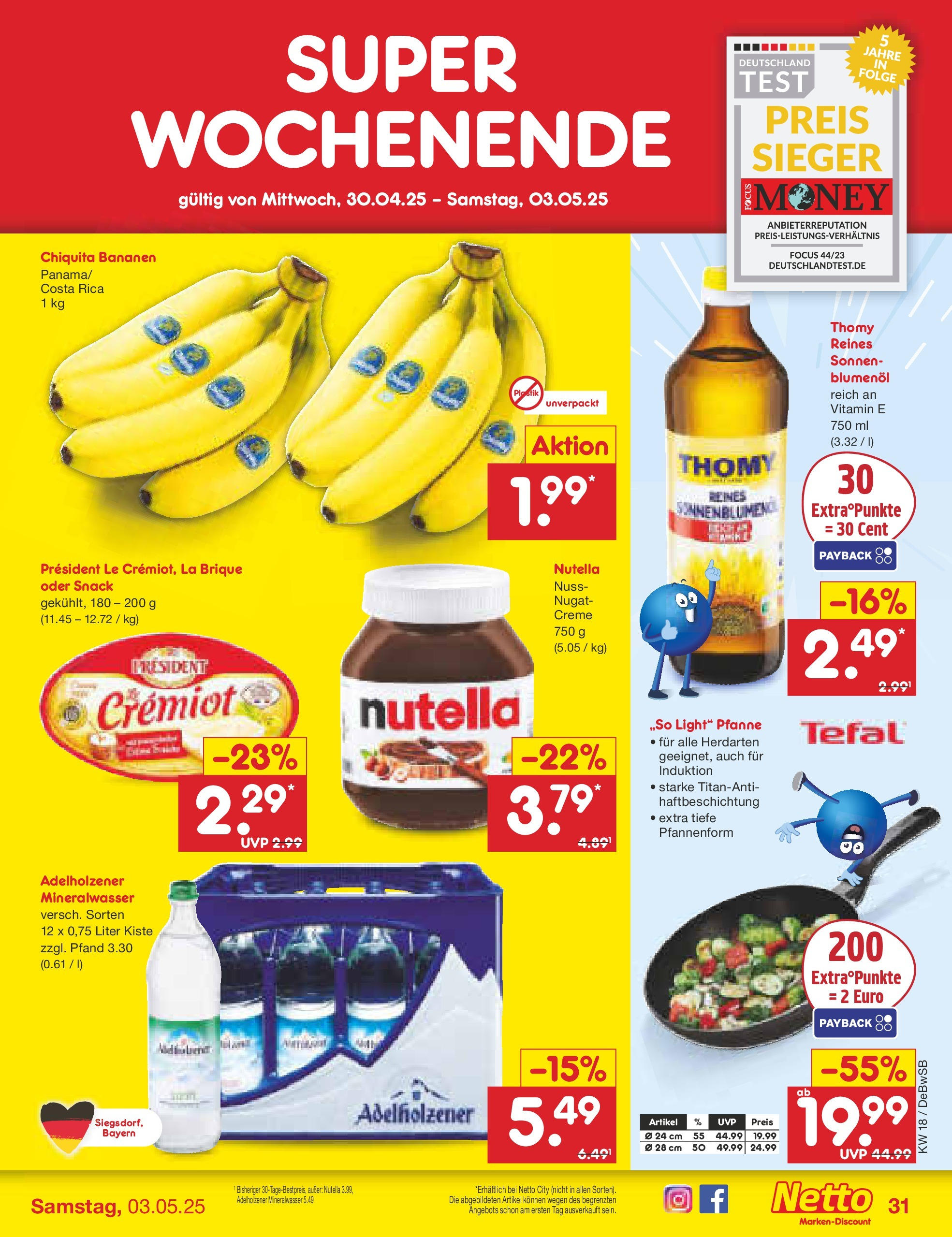 Netto Marken-Discount - Netto: Wochenangebote (ab 27.04.2025) » Angebote | Seite: 31 | Produkte: Sonnenblumenol, Mineralwasser, Creme, Nutella