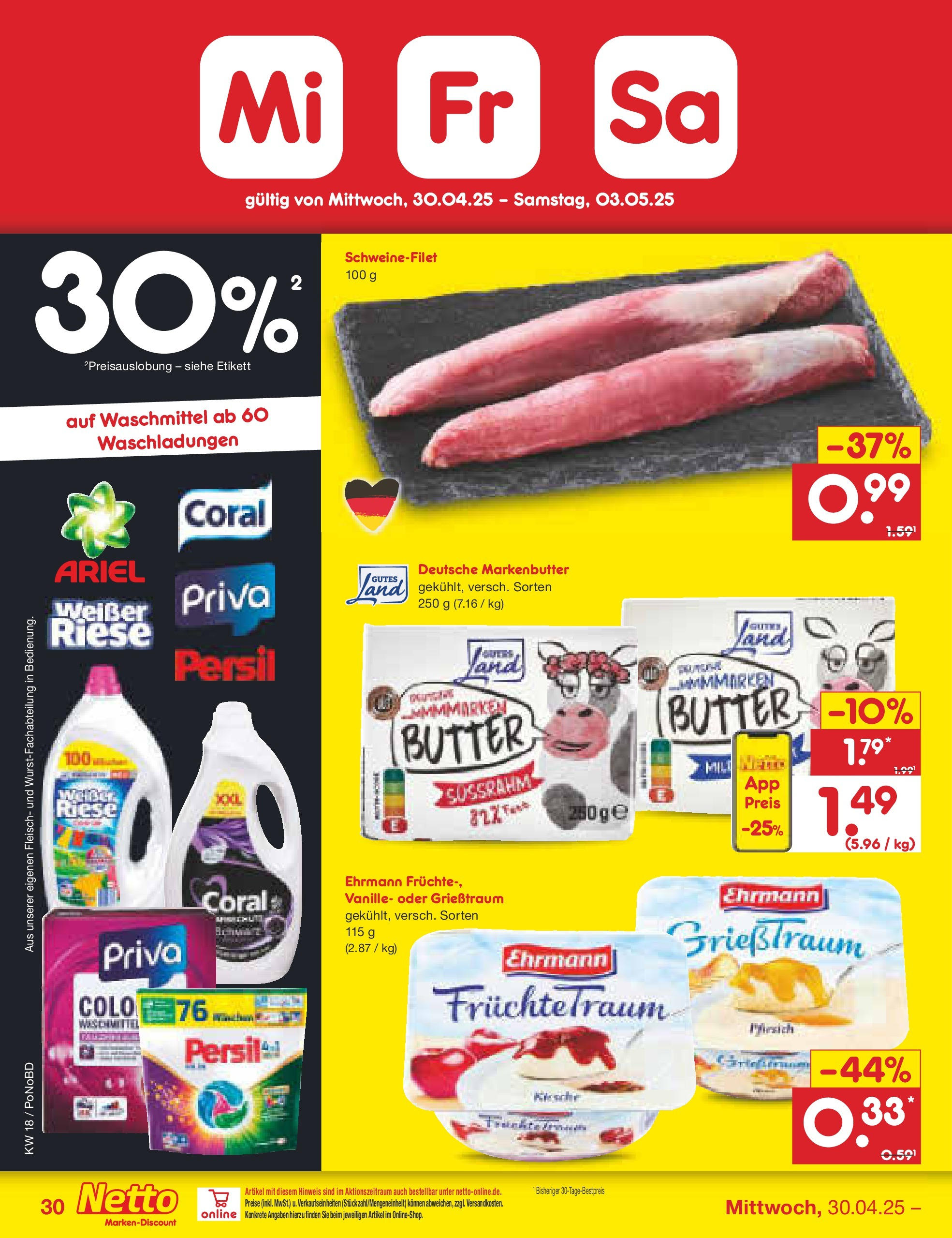 Netto Marken-Discount - Netto: Wochenangebote (ab 27.04.2025) » Angebote | Seite: 30 | Produkte: Ariel, Waschmittel, Fleisch, Persil