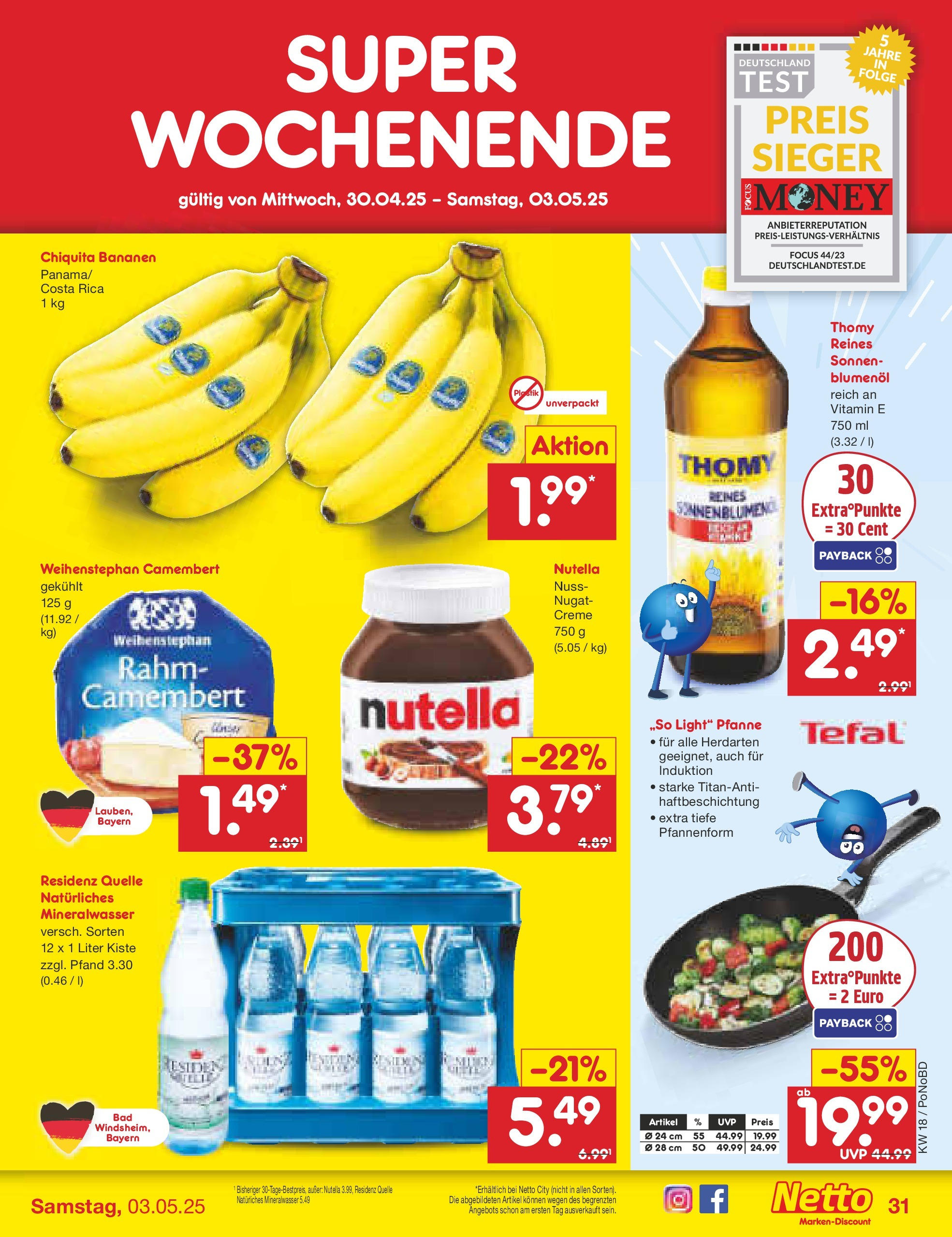 Netto Marken-Discount - Netto: Wochenangebote (ab 27.04.2025) » Angebote | Seite: 31 | Produkte: Sonnenblumenol, Mineralwasser, Creme, Nutella