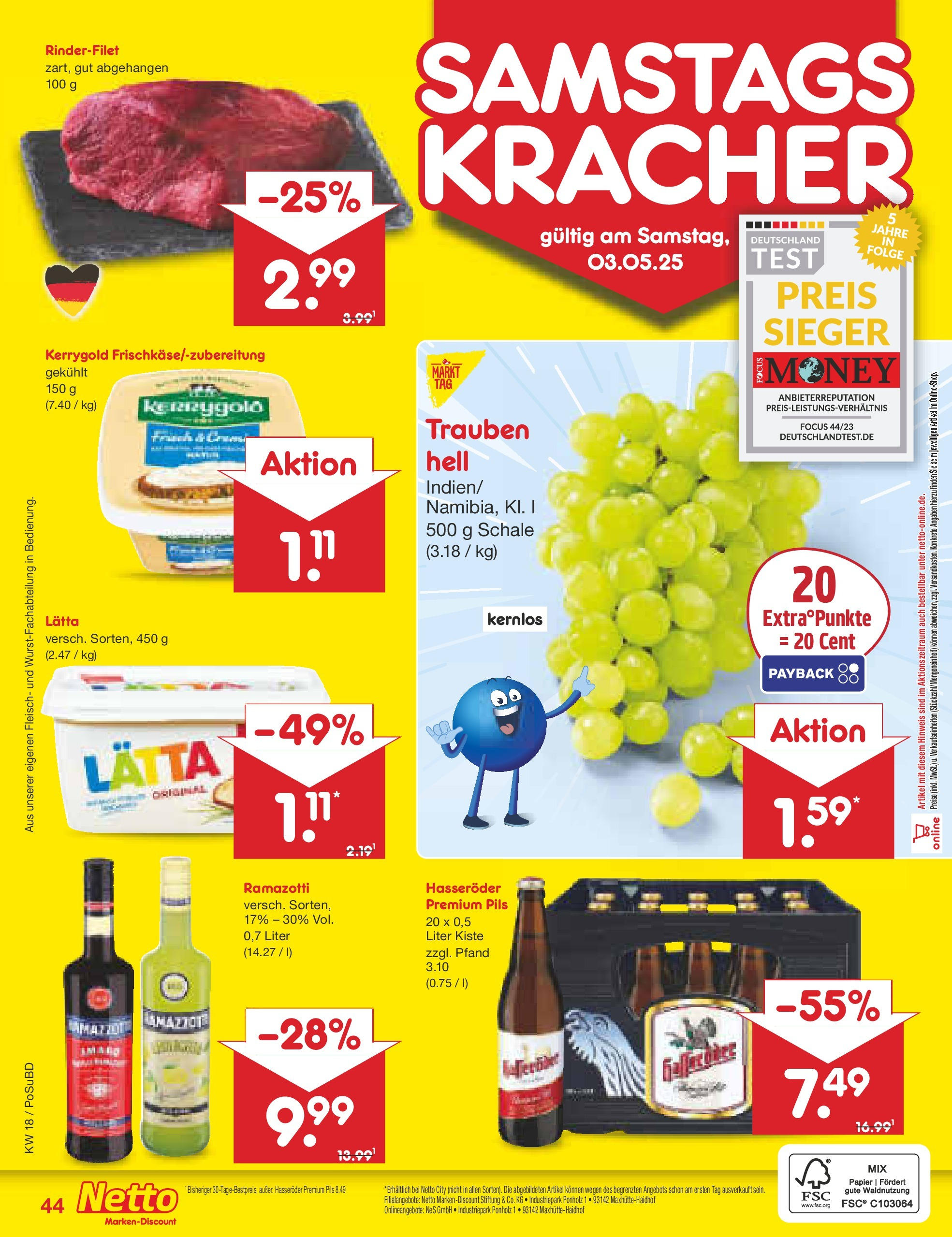 Netto Marken-Discount - Netto: Wochenangebote (ab 27.04.2025) » Angebote | Seite: 44 | Produkte: Trauben, Rinderfilet, Pils, Fleisch