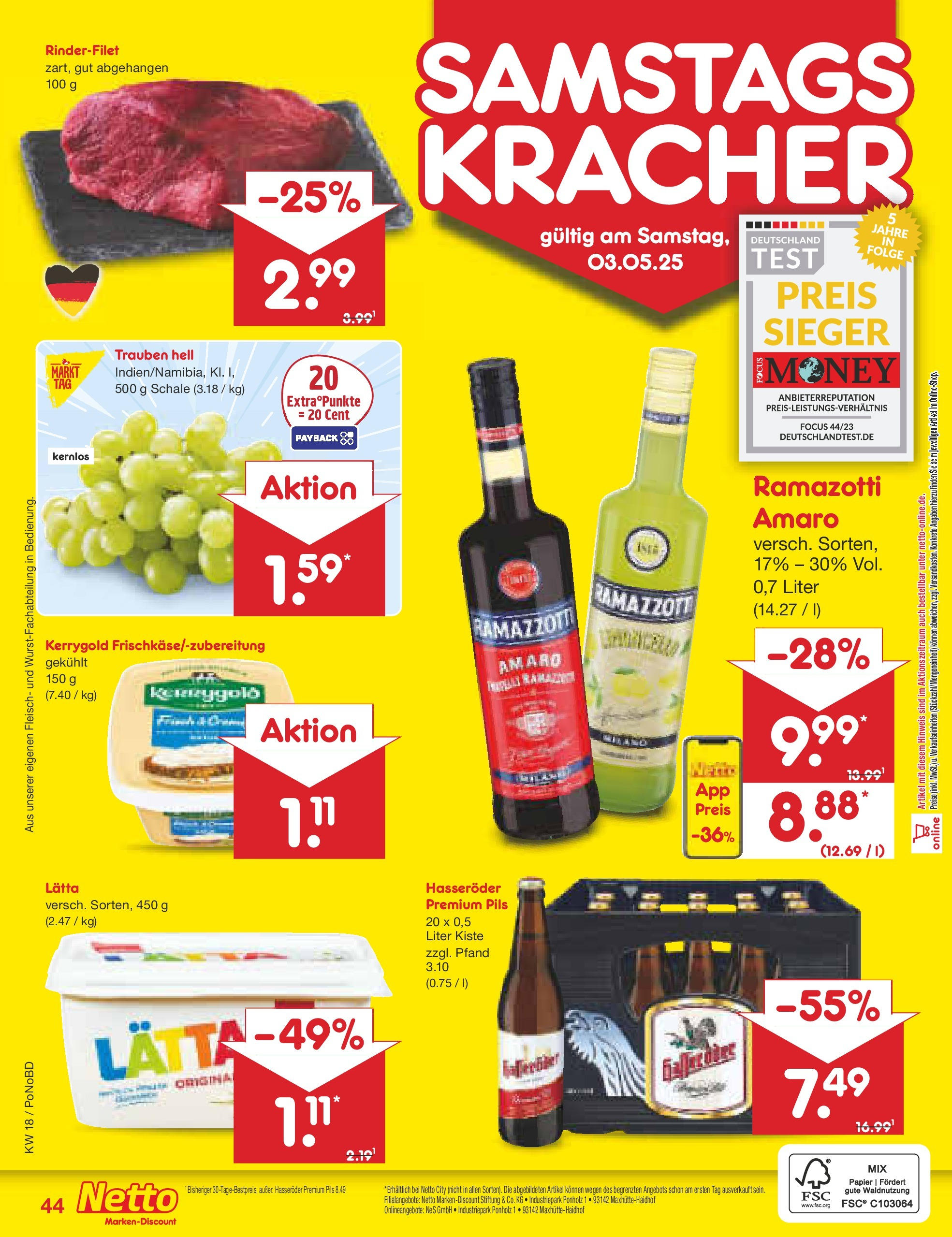 Netto Marken-Discount - Netto: Wochenangebote (ab 27.04.2025) » Angebote | Seite: 44 | Produkte: Pils, Lätta, Hasseröder, Ramazzotti