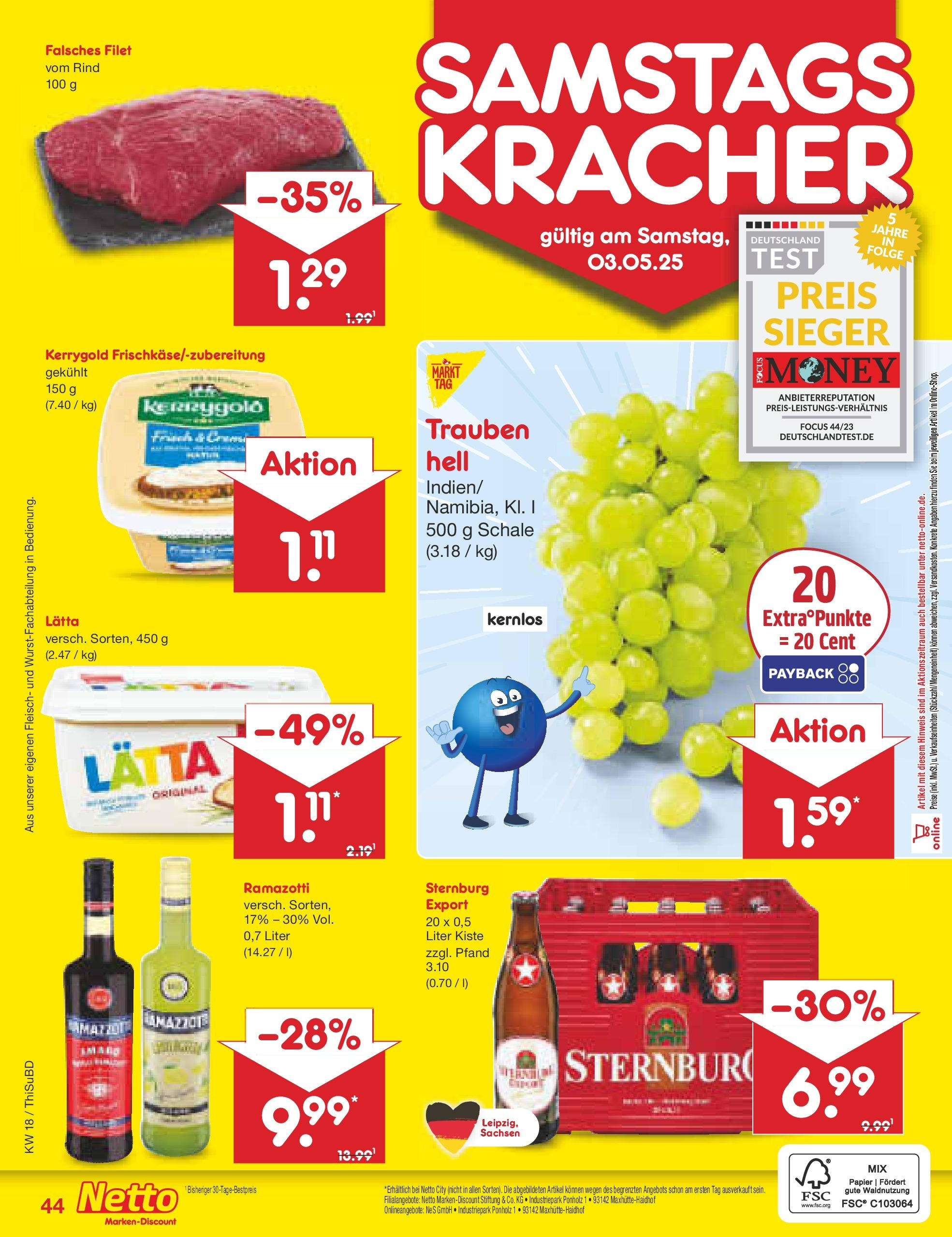 Netto Marken-Discount - Netto: Wochenangebote (ab 27.04.2025) » Angebote | Seite: 44 | Produkte: Trauben, Lätta, Fleisch
