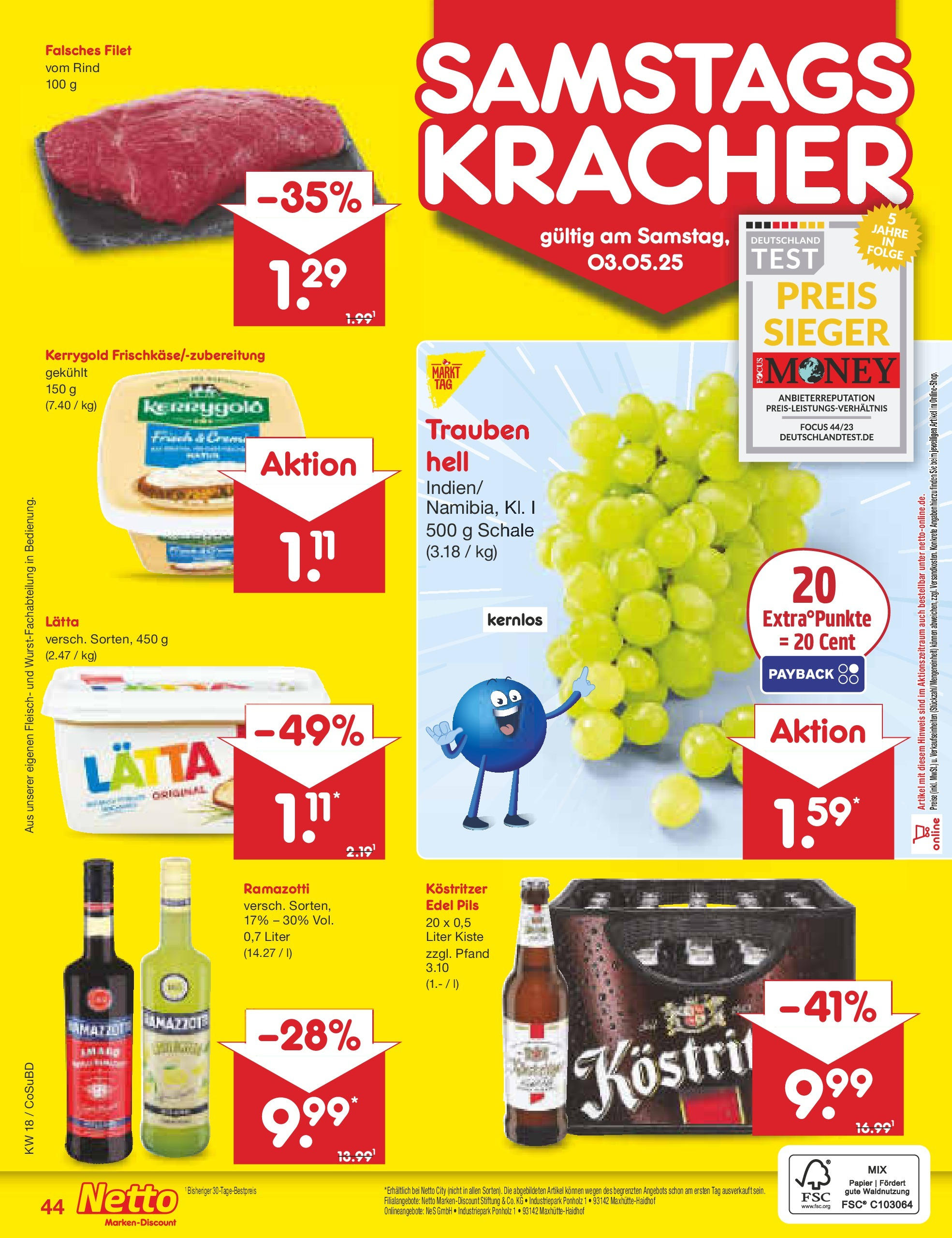 Netto Marken-Discount - Netto: Wochenangebote (ab 27.04.2025) » Angebote | Seite: 44 | Produkte: Trauben, Pils, Lätta, Fleisch