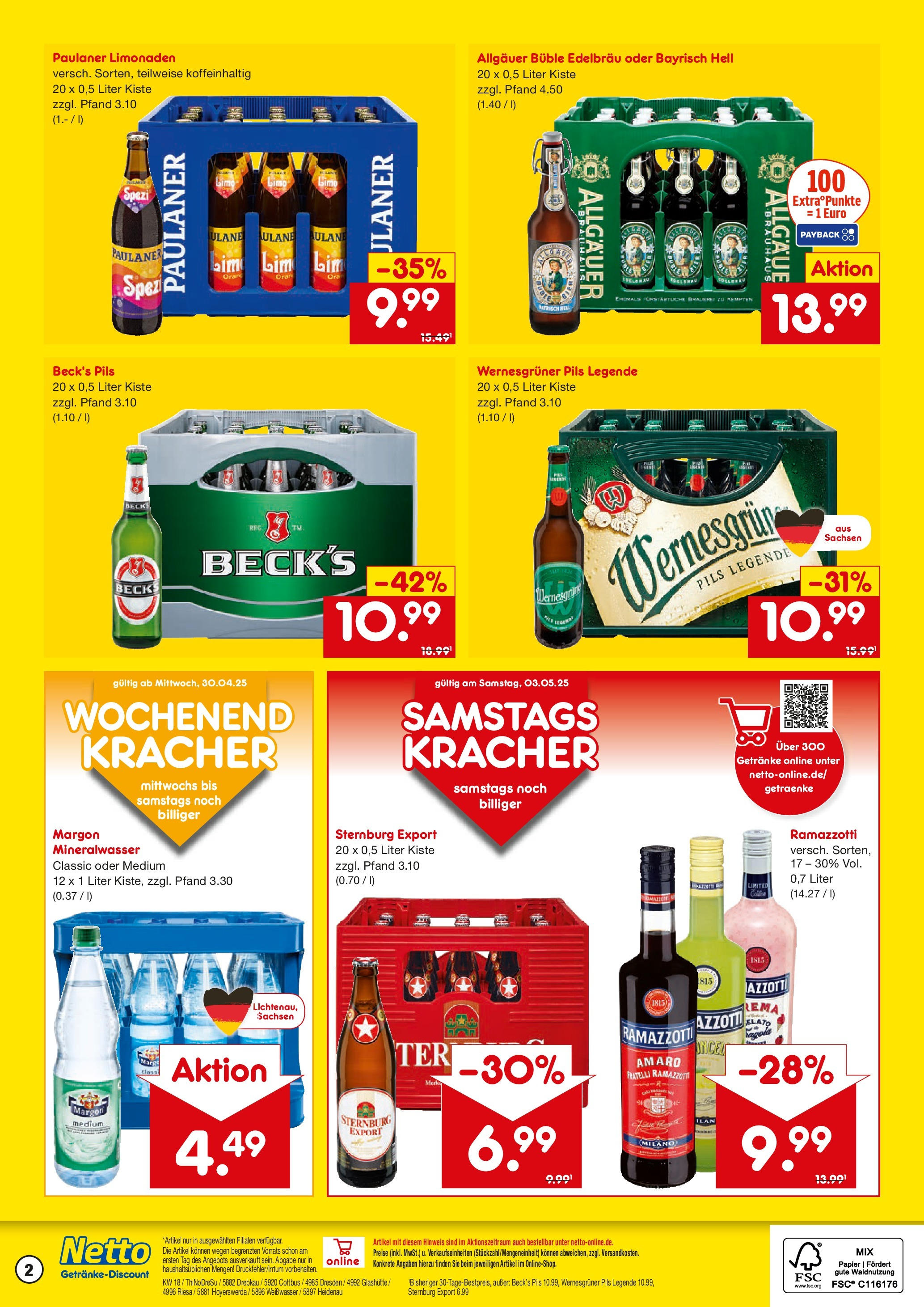 Netto Marken-Discount - Netto: Getränkeangebote (ab 27.04.2025) » Angebote | Seite: 2 | Produkte: Pils, Wernesgruner, Mineralwasser, Paulaner