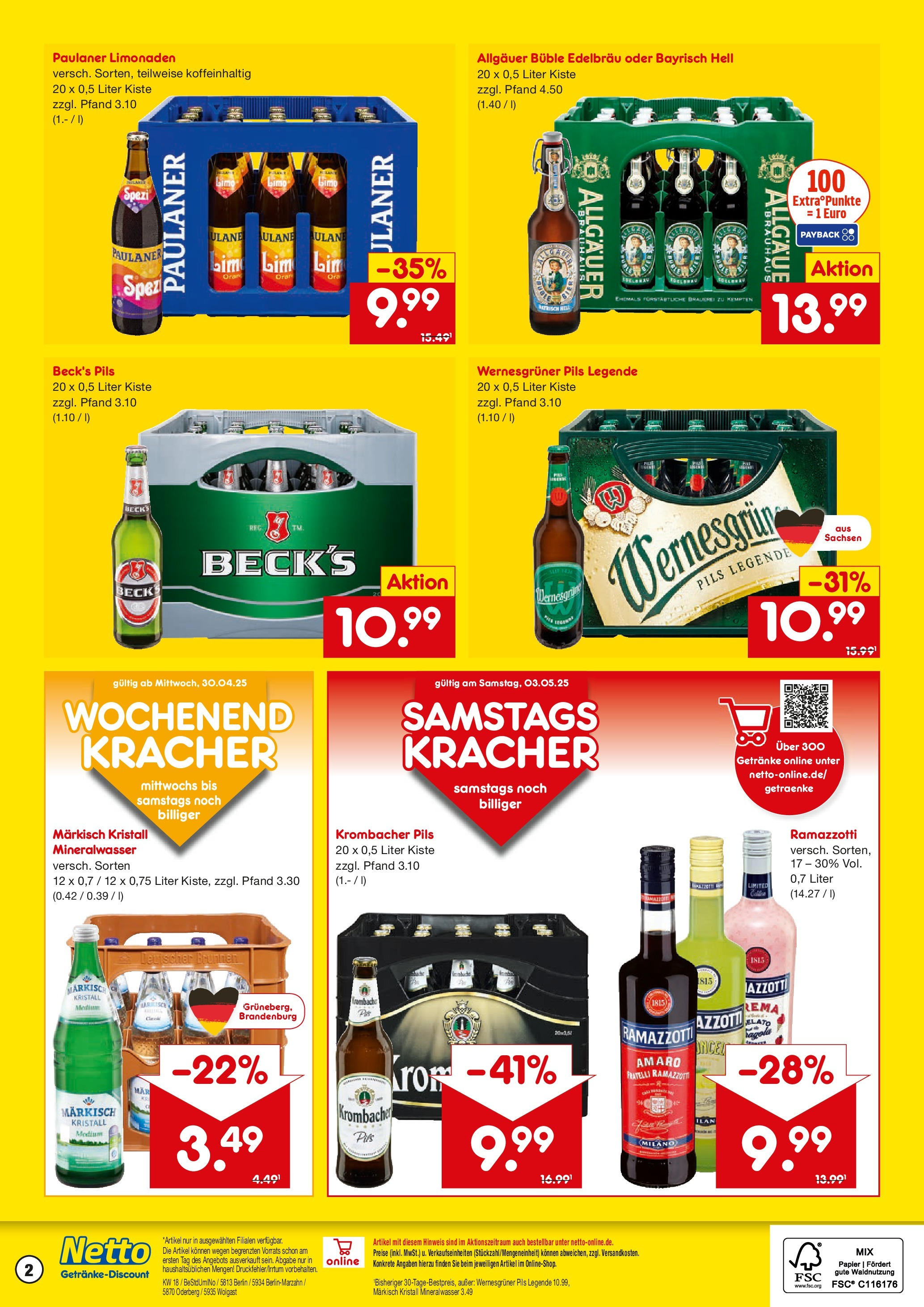 Netto Marken-Discount - Netto: Getränkeangebote (ab 27.04.2025) » Angebote | Seite: 2 | Produkte: Wernesgruner, Mineralwasser, Ramazzotti, Paulaner
