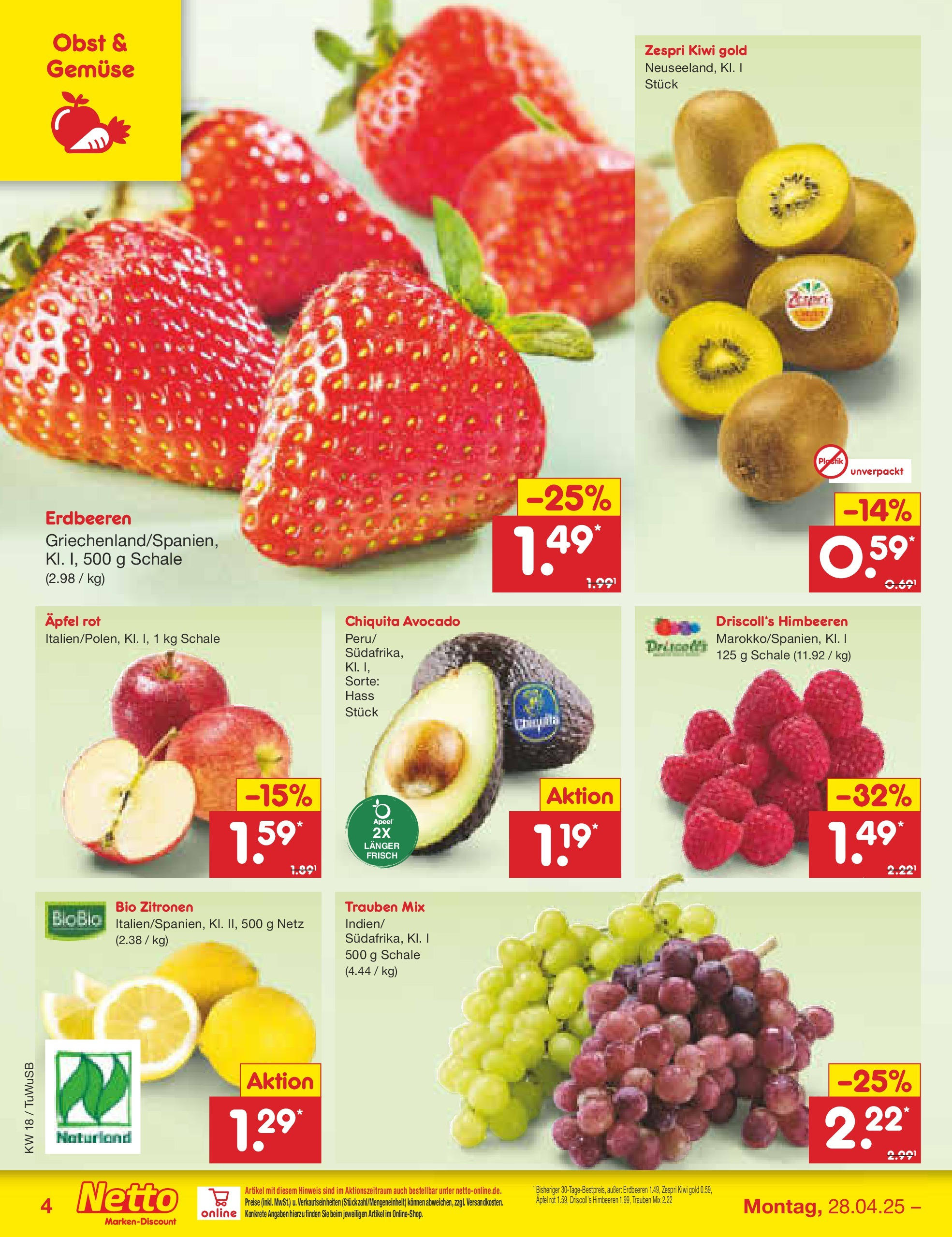 Netto Marken-Discount - Netto: Wochenangebote (ab 27.04.2025) » Angebote | Seite: 4 | Produkte: Himbeeren, Äpfel, Obst, Kiwi Netto Marken-Discount - Netto: Wochenangebote (ab 27.04.2025) » Angebote | Seite: 4 | Produkte: Himbeeren, Äpfel, Obst, Kiwi