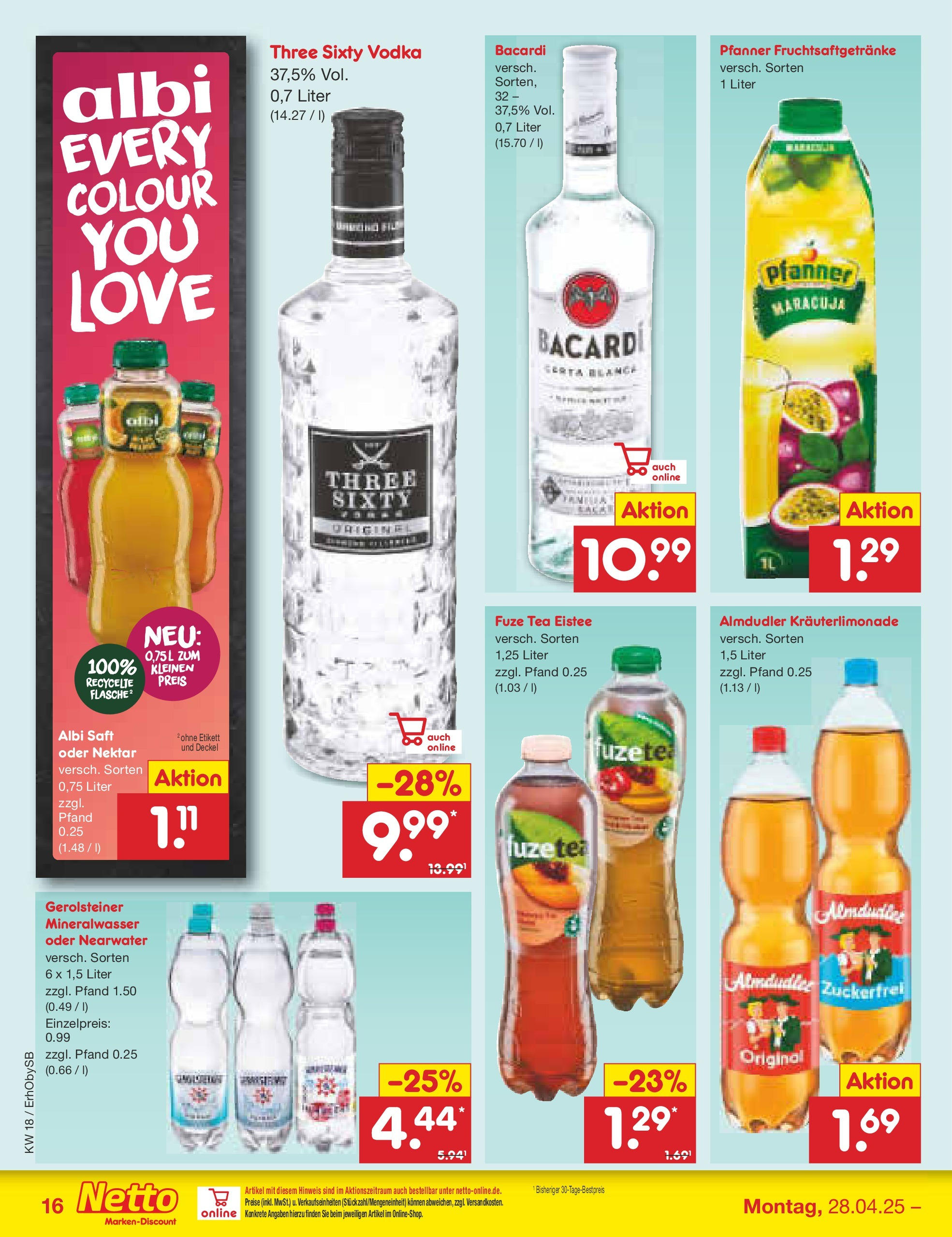 Netto Marken-Discount - Netto: Wochenangebote (ab 27.04.2025) » Angebote | Seite: 16 | Produkte: Fuze tea, Rum, Mineralwasser, Saft Netto Marken-Discount - Netto: Wochenangebote (ab 27.04.2025) » Angebote | Seite: 16 | Produkte: Fuze tea, Rum, Mineralwasser, Saft