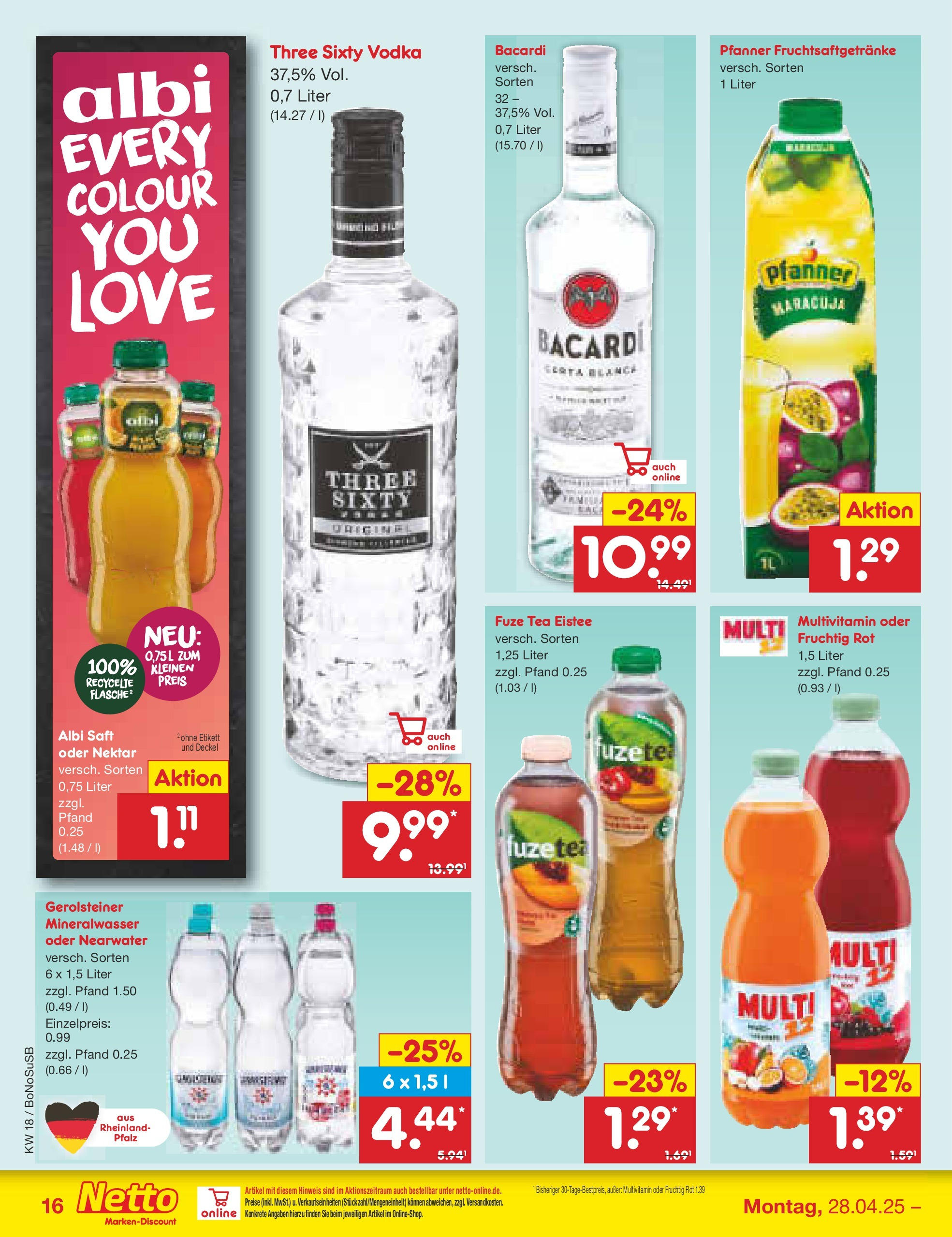 Netto Marken-Discount - Netto: Wochenangebote (ab 27.04.2025) » Angebote | Seite: 16 | Produkte: Fuze tea, Rum, Saft, Vodka