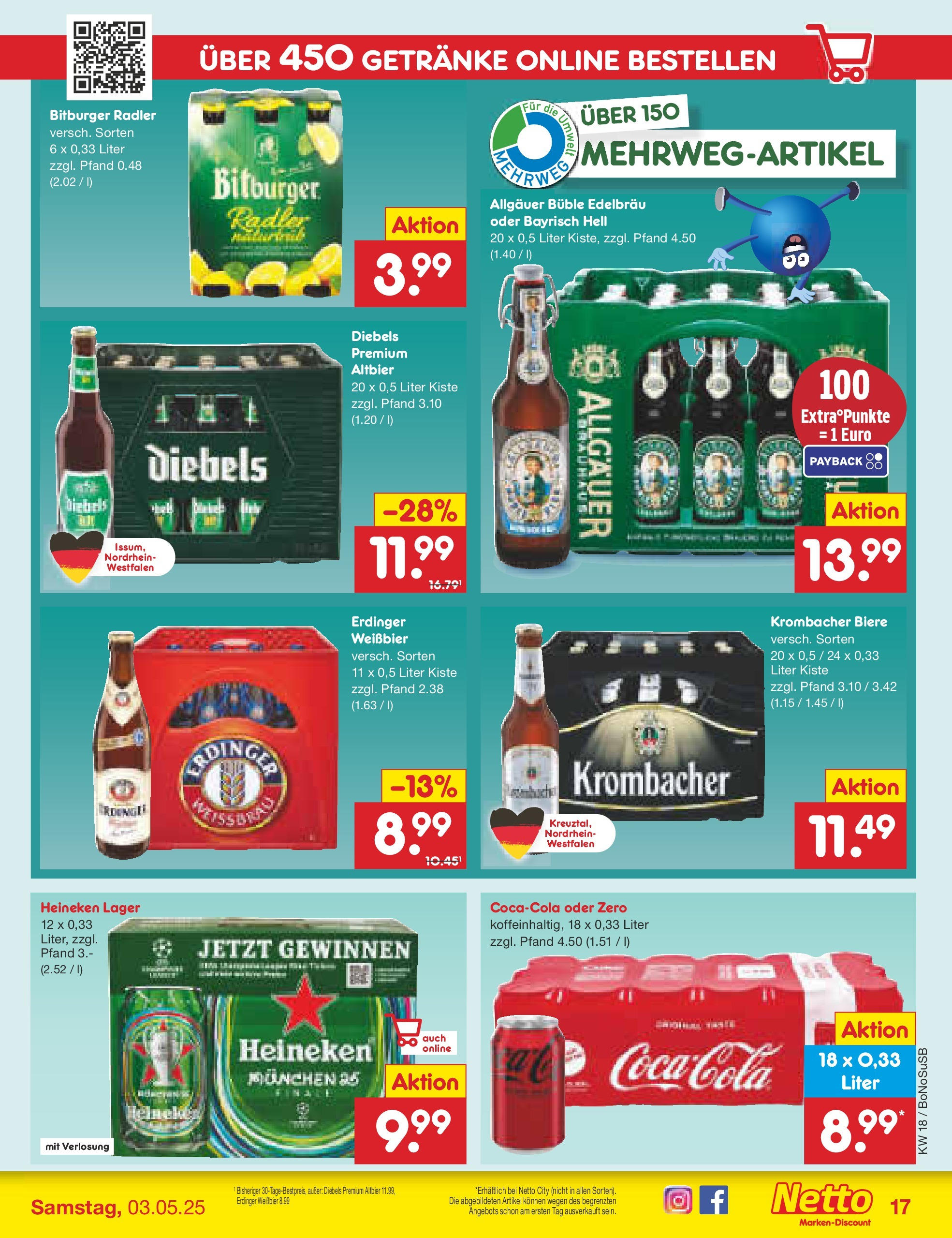 Netto Marken-Discount - Netto: Wochenangebote (ab 27.04.2025) » Angebote | Seite: 17 | Produkte: Coca cola, Weißbier, Heineken, Diebels