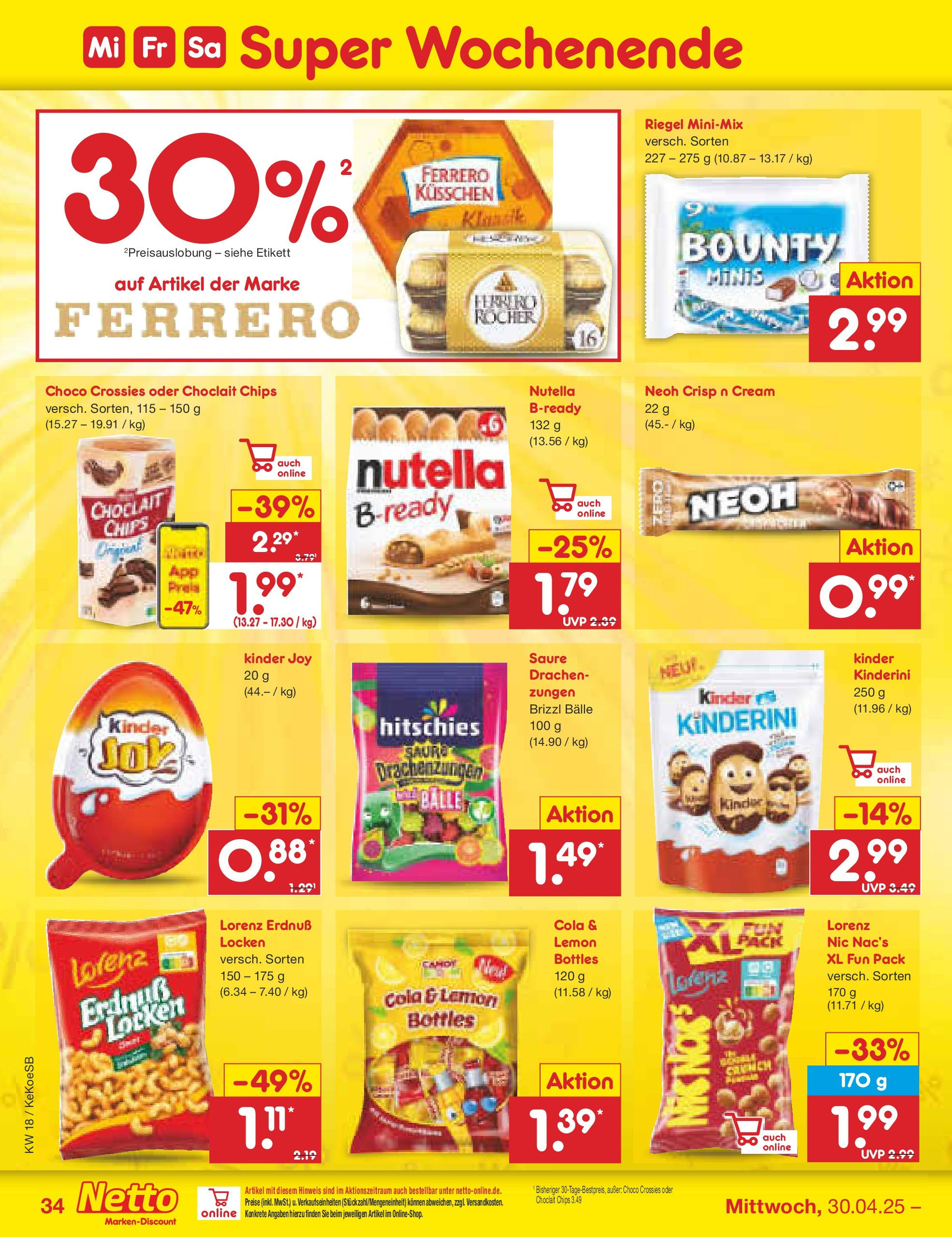Netto Marken-Discount - Netto: Wochenangebote (ab 27.04.2025) » Angebote | Seite: 34 | Produkte: Ferrero rocher, Cola, Kinder joy, Nutella