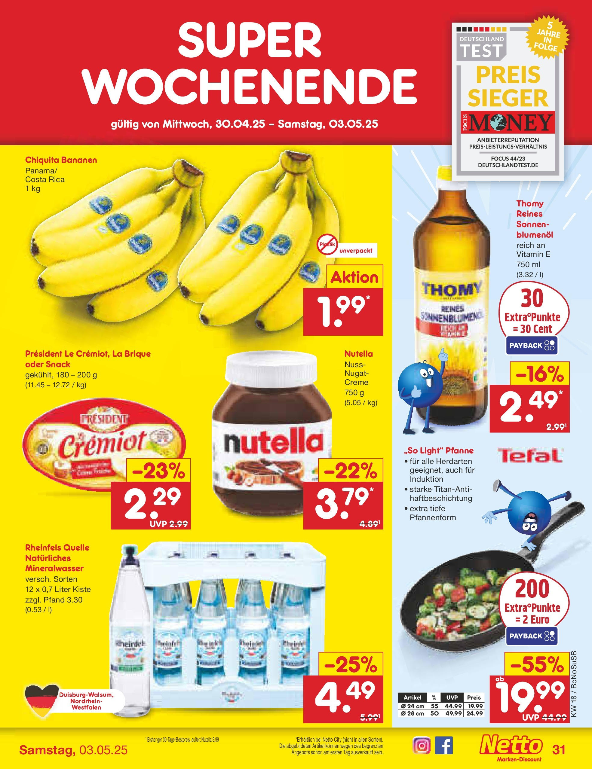 Netto Marken-Discount - Netto: Wochenangebote (ab 27.04.2025) » Angebote | Seite: 31 | Produkte: Sonnenblumenol, Mineralwasser, Nutella, Rheinfels quelle