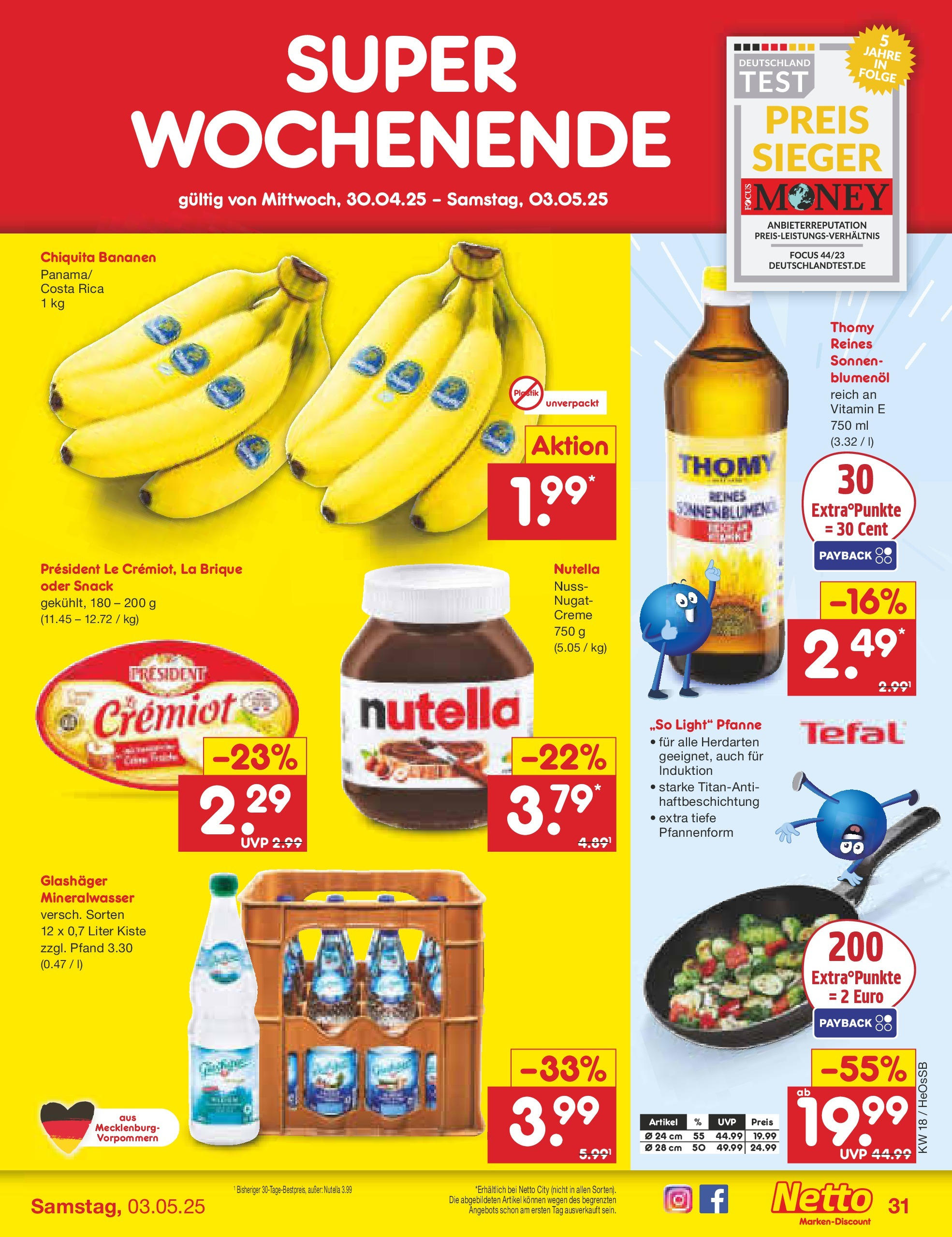 Netto Marken-Discount - Netto: Wochenangebote (ab 27.04.2025) » Angebote | Seite: 31 | Produkte: Sonnenblumenol, Bananen, Mineralwasser, Nutella Netto Marken-Discount - Netto: Wochenangebote (ab 27.04.2025) » Angebote | Seite: 31 | Produkte: Sonnenblumenol, Bananen, Mineralwasser, Nutella