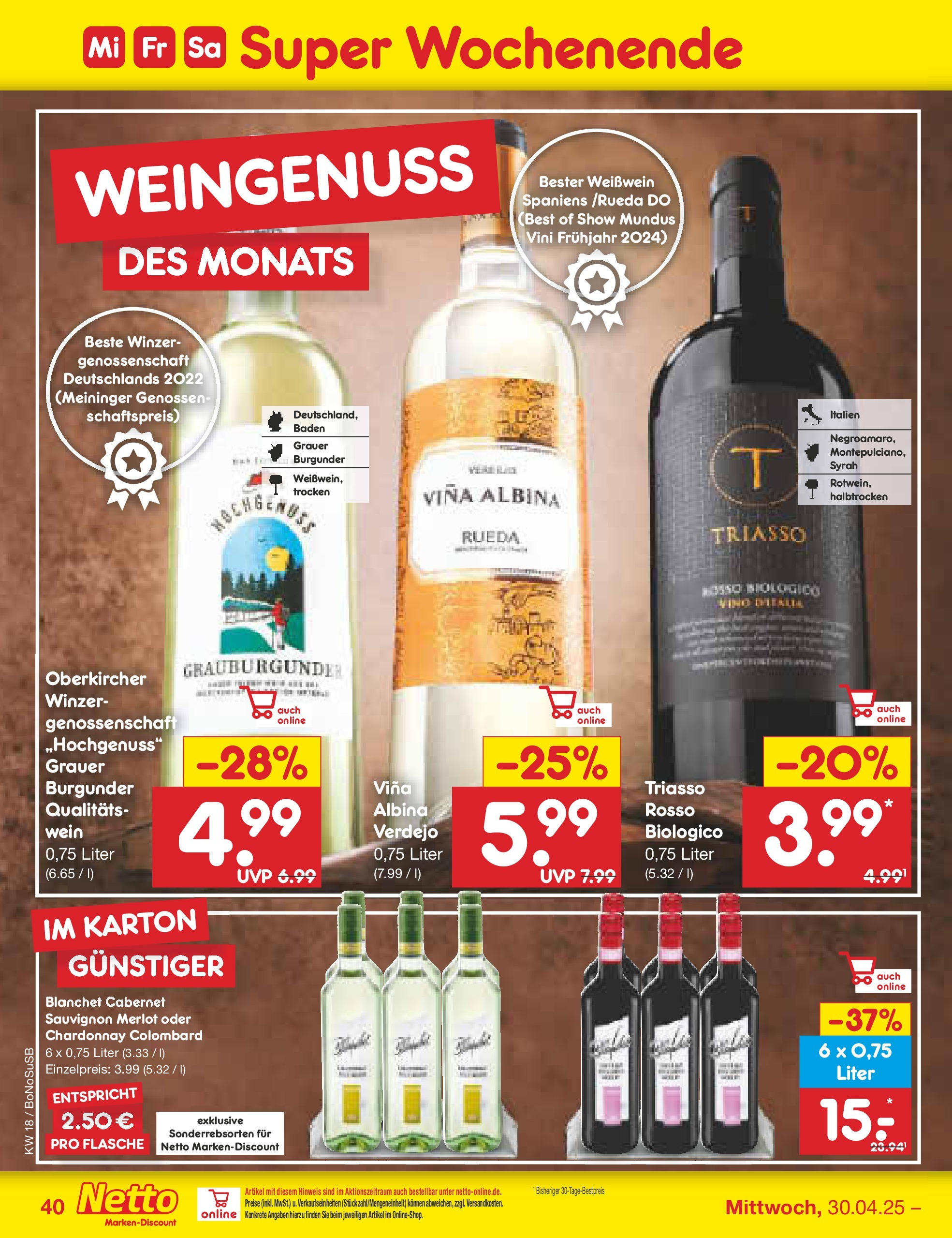 Netto Marken-Discount - Netto: Wochenangebote (ab 27.04.2025) » Angebote | Seite: 40 | Produkte: Weißwein, Merlot, Wein