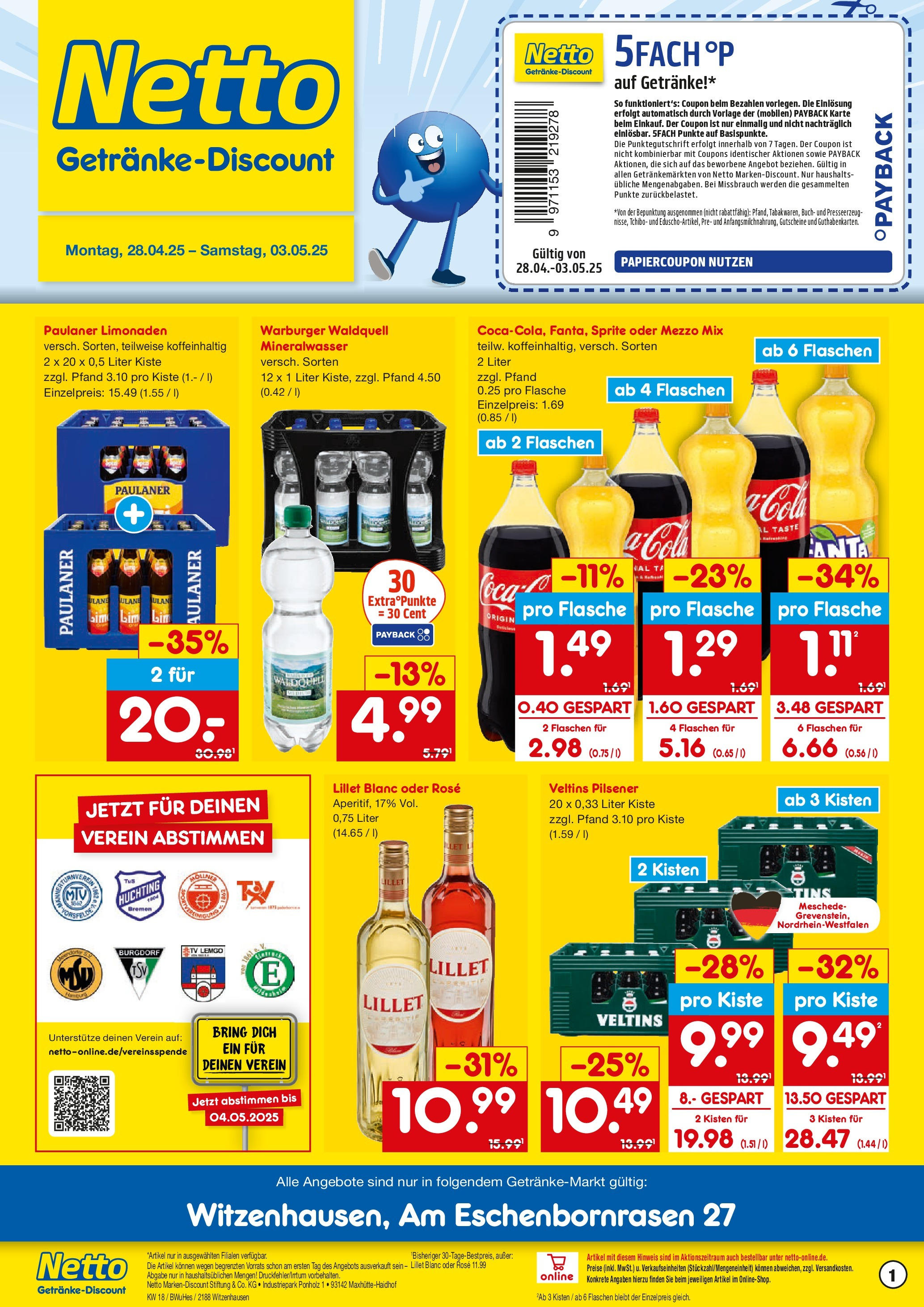 Netto Marken-Discount - Netto: Getränkeangebote (ab 27.04.2025) » Angebote | Seite: 1 | Produkte: Mezzo mix, Sprite, Mineralwasser, Lillet