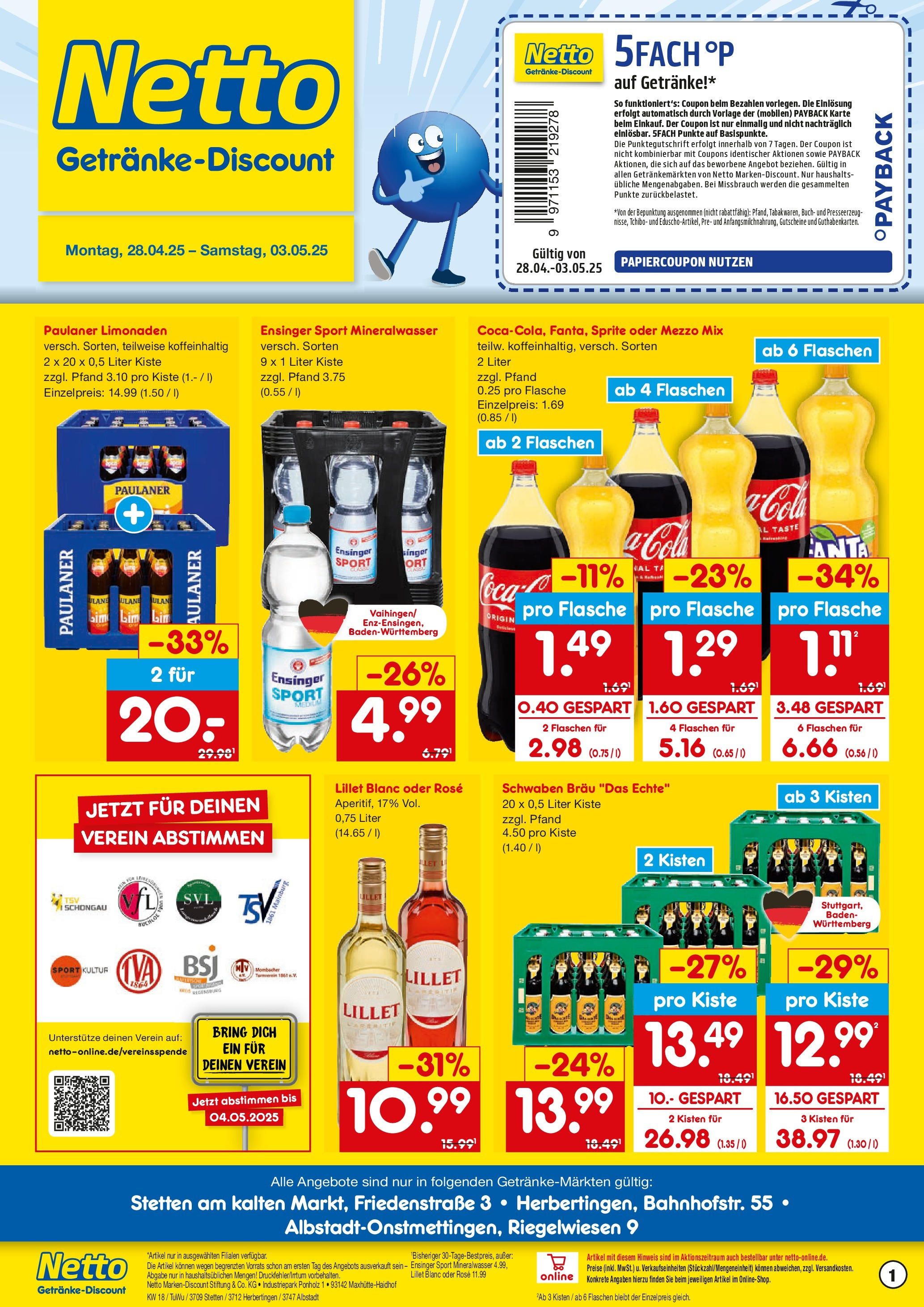 Netto Marken-Discount - Netto: Getränkeangebote (ab 27.04.2025) » Angebote | Seite: 1 | Produkte: Cola, Mineralwasser, Oder mezzo mix, Paulaner