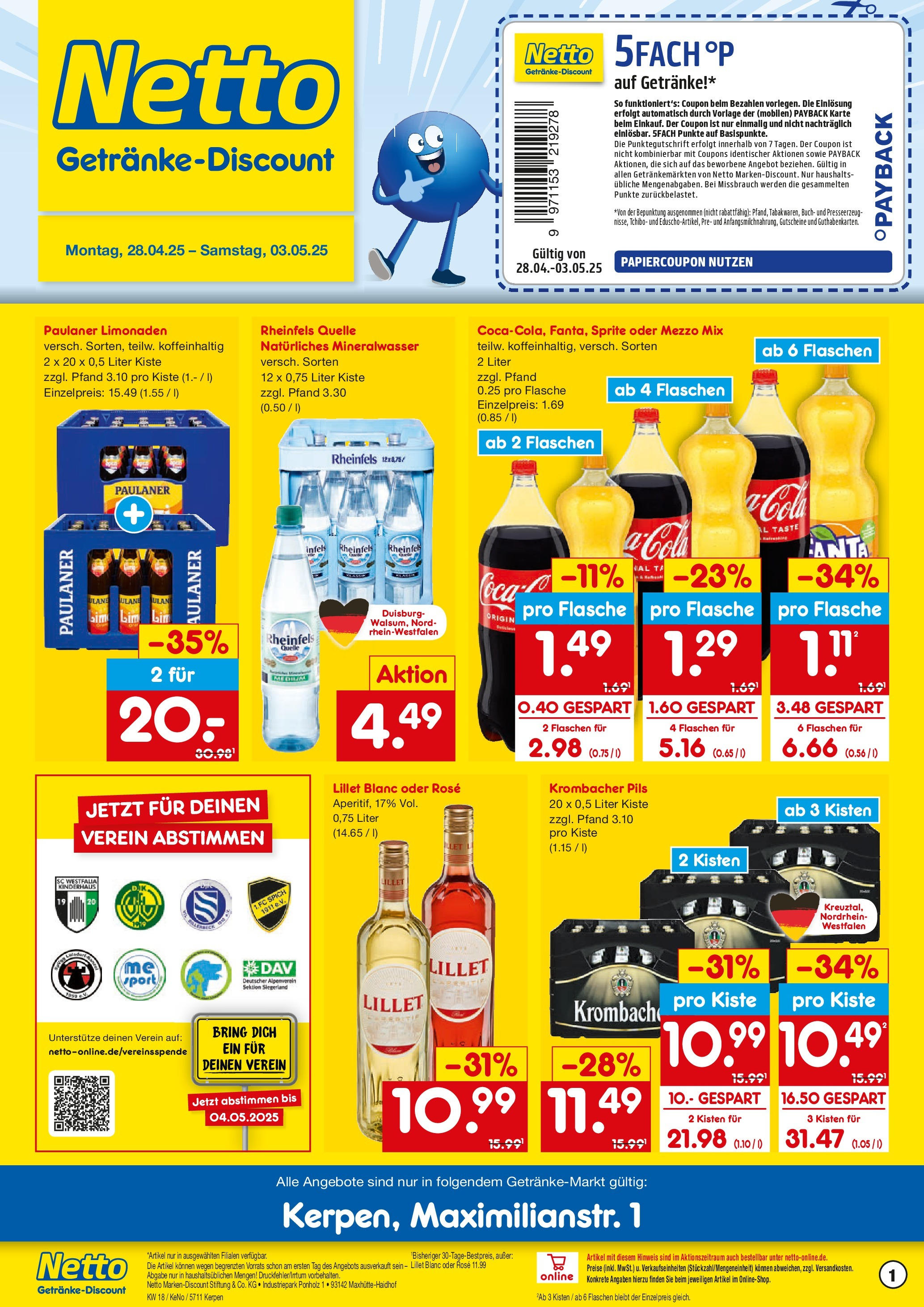 Netto Marken-Discount - Netto: Getränkeangebote (ab 27.04.2025) » Angebote | Seite: 1 | Produkte: Cola, Pils, Lillet, Paulaner