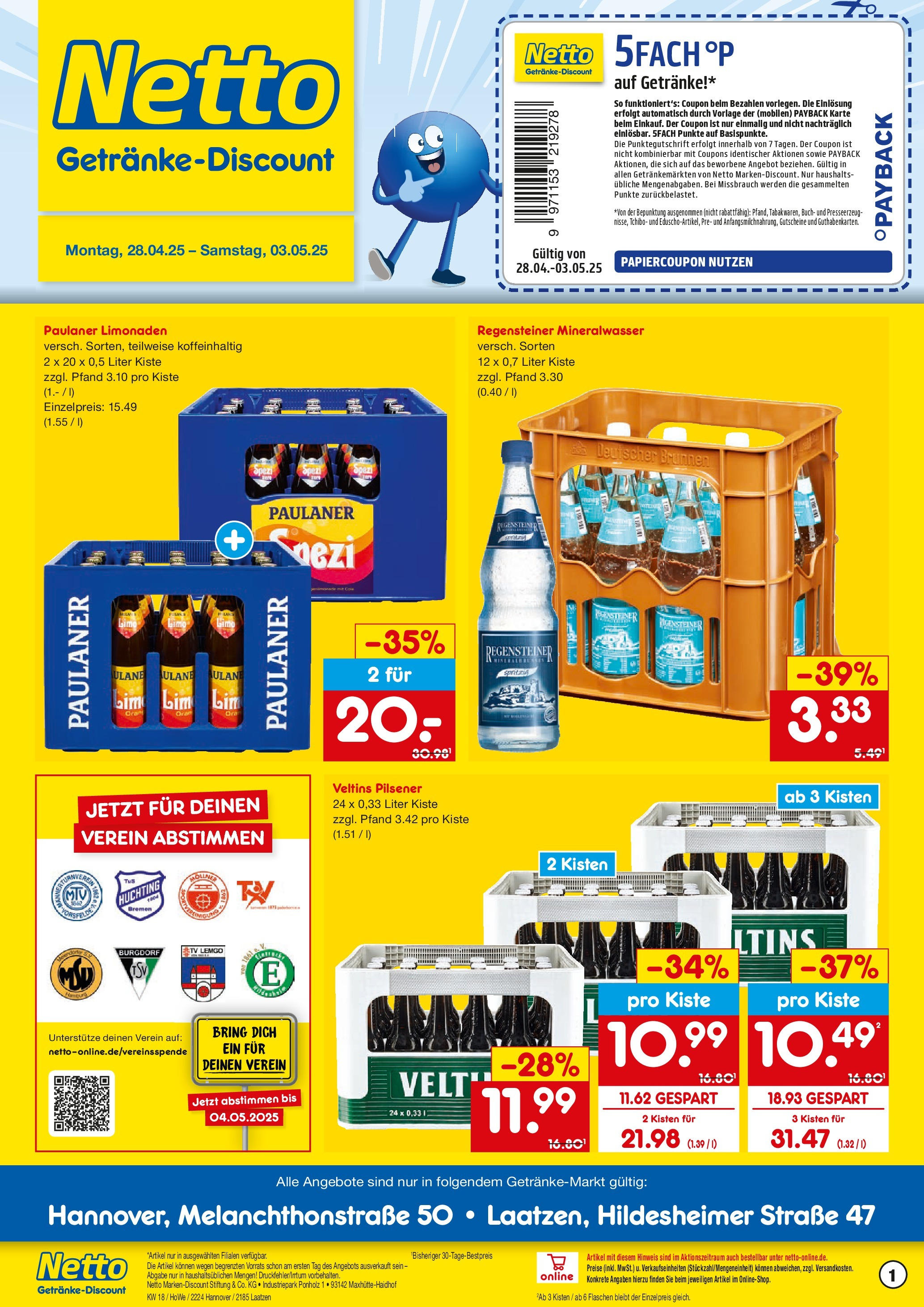 Netto Marken-Discount - Netto: Getränkeangebote (ab 27.04.2025) » Angebote | Seite: 1 | Produkte: Mineralwasser, Paulaner, Veltins, TV