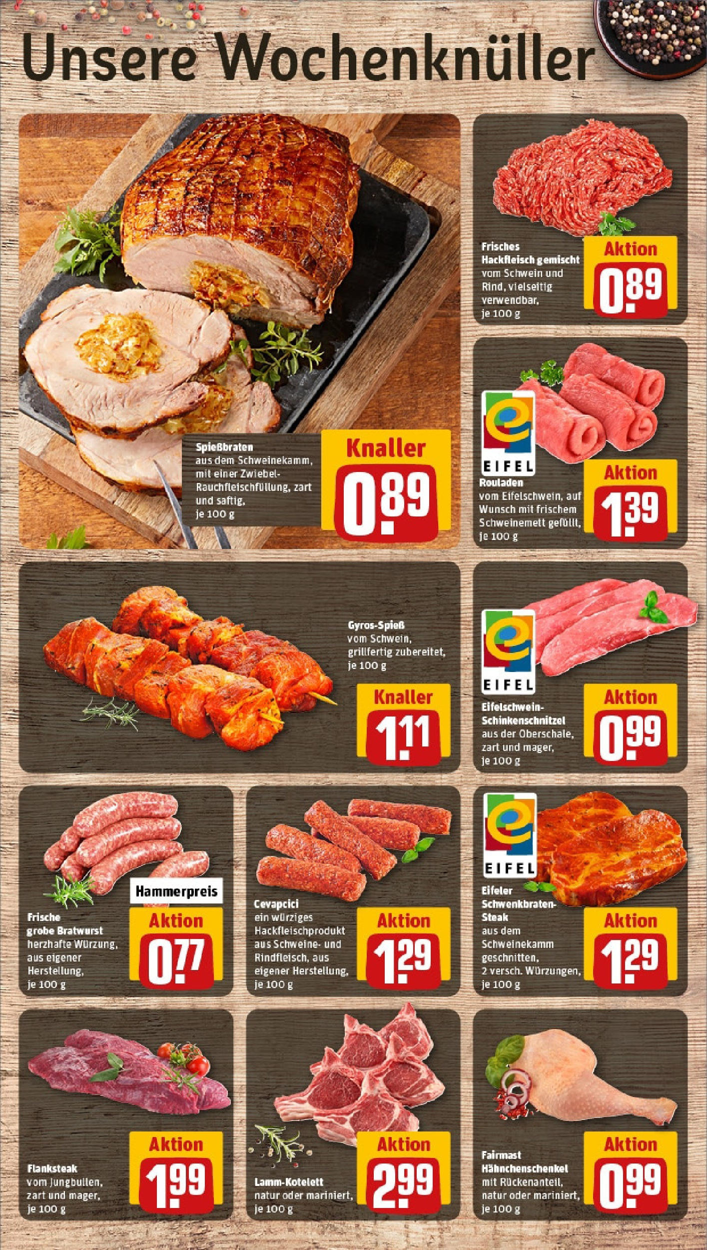 Rewe - Rewe: Wochenangebote (ab 27.04.2025) zum Blättern » Angebote | Seite: 8 | Produkte: Hahnchenschenkel, Bratwurst, Cevapcici, Steak