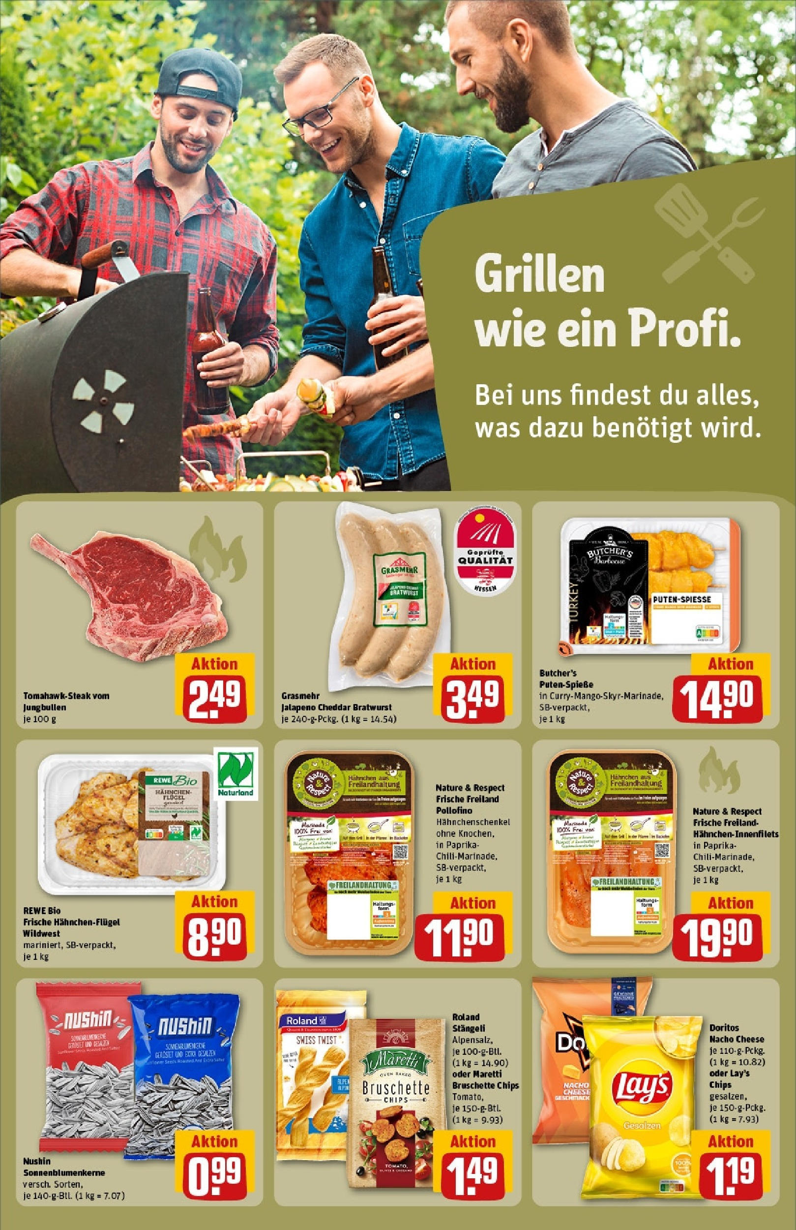 Rewe - Rewe: Wochenangebote (ab 27.04.2025) zum Blättern » Angebote | Seite: 22 | Produkte: Hahnchen, Bratwurst, Steak, Chips
