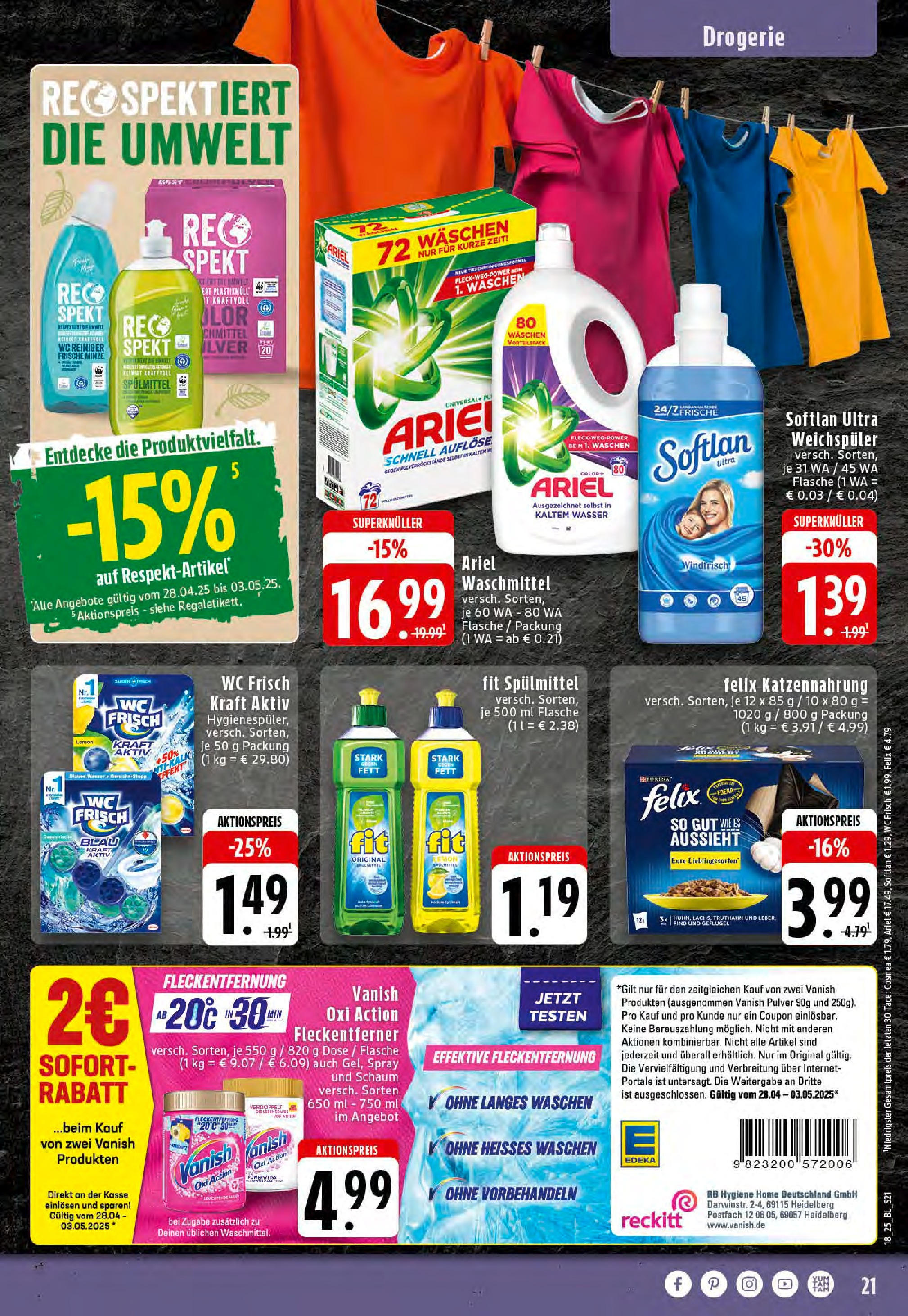 Edeka - EDEKA: Wochenangebote (ab 27.04.2025) » Angebote Online | Seite: 21 | Produkte: Ariel, Wasser, Weichspüler, Waschmittel Edeka - EDEKA: Wochenangebote (ab 27.04.2025) » Angebote Online | Seite: 21 | Produkte: Ariel, Wasser, Weichspüler, Waschmittel