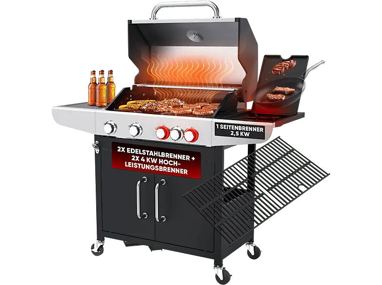 Profi Cook PC-GG1311 4-Brenner + Kochstelle Gasgriller, Silber (16,5 kW)