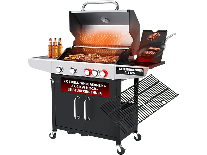 Profi Cook PC-GG1311 4-Brenner + Kochstelle Gasgriller, Silber (16,5 kW)