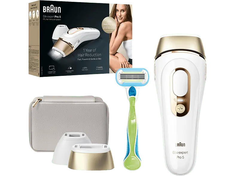 Braun PL5152 Silk-expert Pro IPL-Haarentfernungsgerät (Weiß/Gold, mit 2 Aufsätzen; Rasierer & Aufbewahrungstasche, Netzbetrieb)