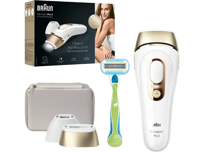 Braun PL5152 Silk-expert Pro IPL-Haarentfernungsgerät (Weiß/Gold, mit 2 Aufsätzen; Rasierer & Aufbewahrungstasche, Netzbetrieb)
