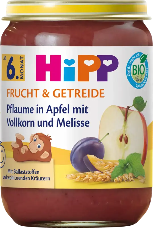 HiPP Frucht & Getreide Pflaume in Apfel mit Vollkorn & Melisse ab dem 6. Monat