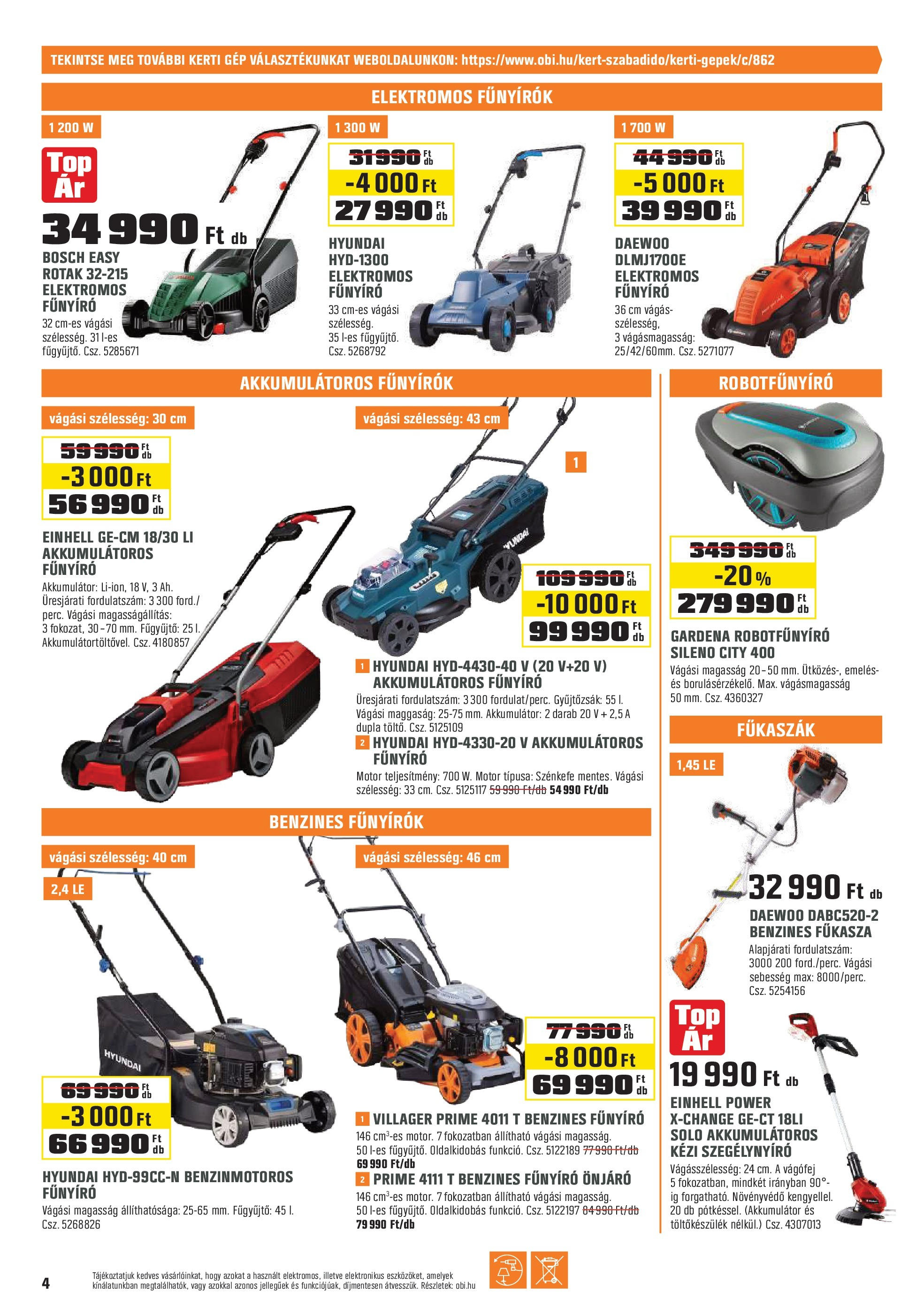 OBI - OBI újság érvényessége 2025.06.02--ig - 2025.04.30. -tól/töl > akció, lapozható szórólap 🛍️ | Oldal: 4 | Termékek: Akkumulátoros fűnyíró, Akkumulátor, Elektromos fűnyíró, Benzines fűnyíró