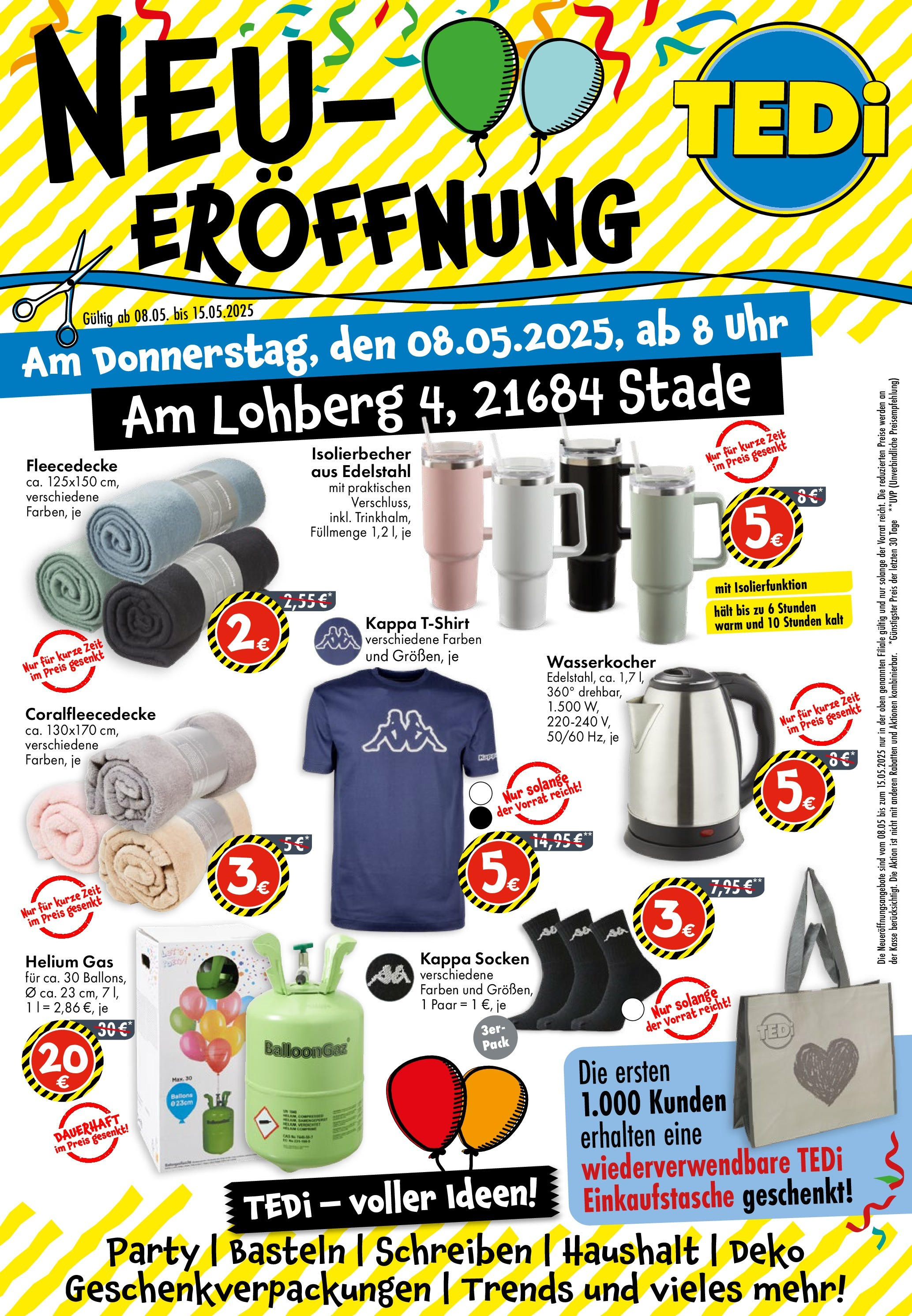 TEDi - TEDi Neueröffnung in Stade (ab 08.05.2025) zum Blättern | Seite: 1 | Produkte: Wasserkocher, T-Shirt, Socken, Uhr